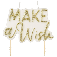"Make a Wish" Glitter Wax Candle, White/Gold, 3-in, for Birthday Party Front_Flat