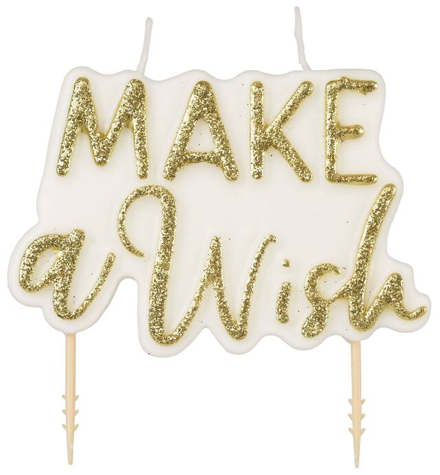 "Make a Wish" Glitter Wax Candle, White/Gold, 3-in, for Birthday Party Front_Flat