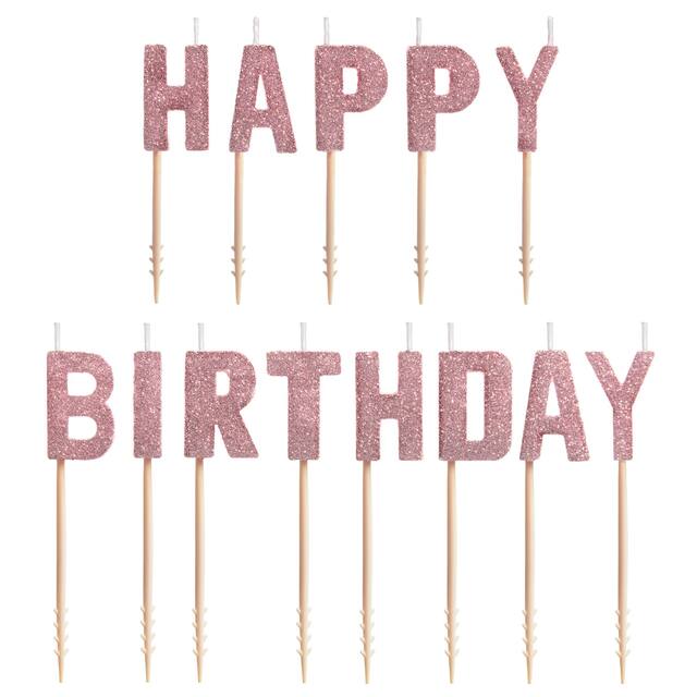 "Happy Birthday" Letter Glitter Toothpick Candles, Rose Gold, 3-in, 13-pk, for Birthday Party Front_Flat
