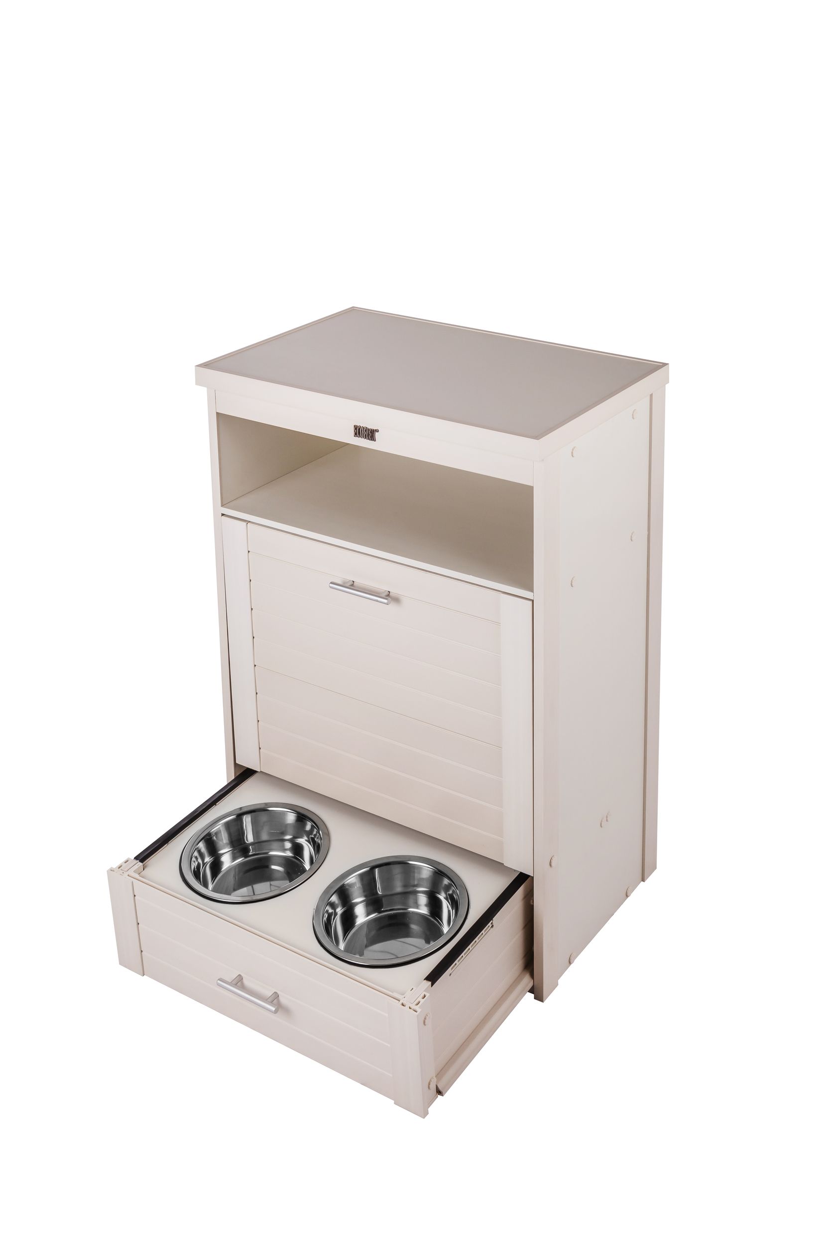 New Age Pet® ECOFLEX® Brea Dog Pantry Diner with Angled Storage Drawer, White Front_Three_Fourths_Angled_Left