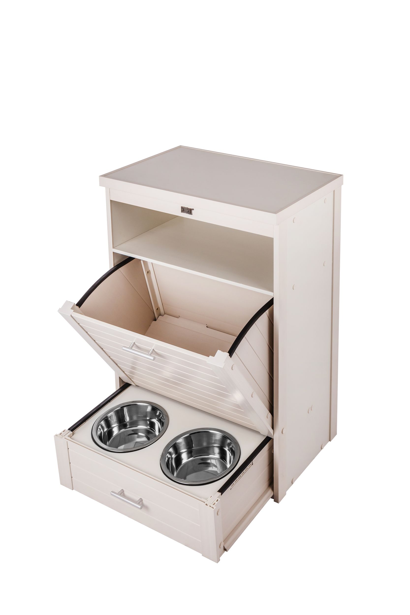 New Age Pet® ECOFLEX® Brea Dog Pantry Diner with Angled Storage Drawer, White Front_Three_Fourths_Angled_Left