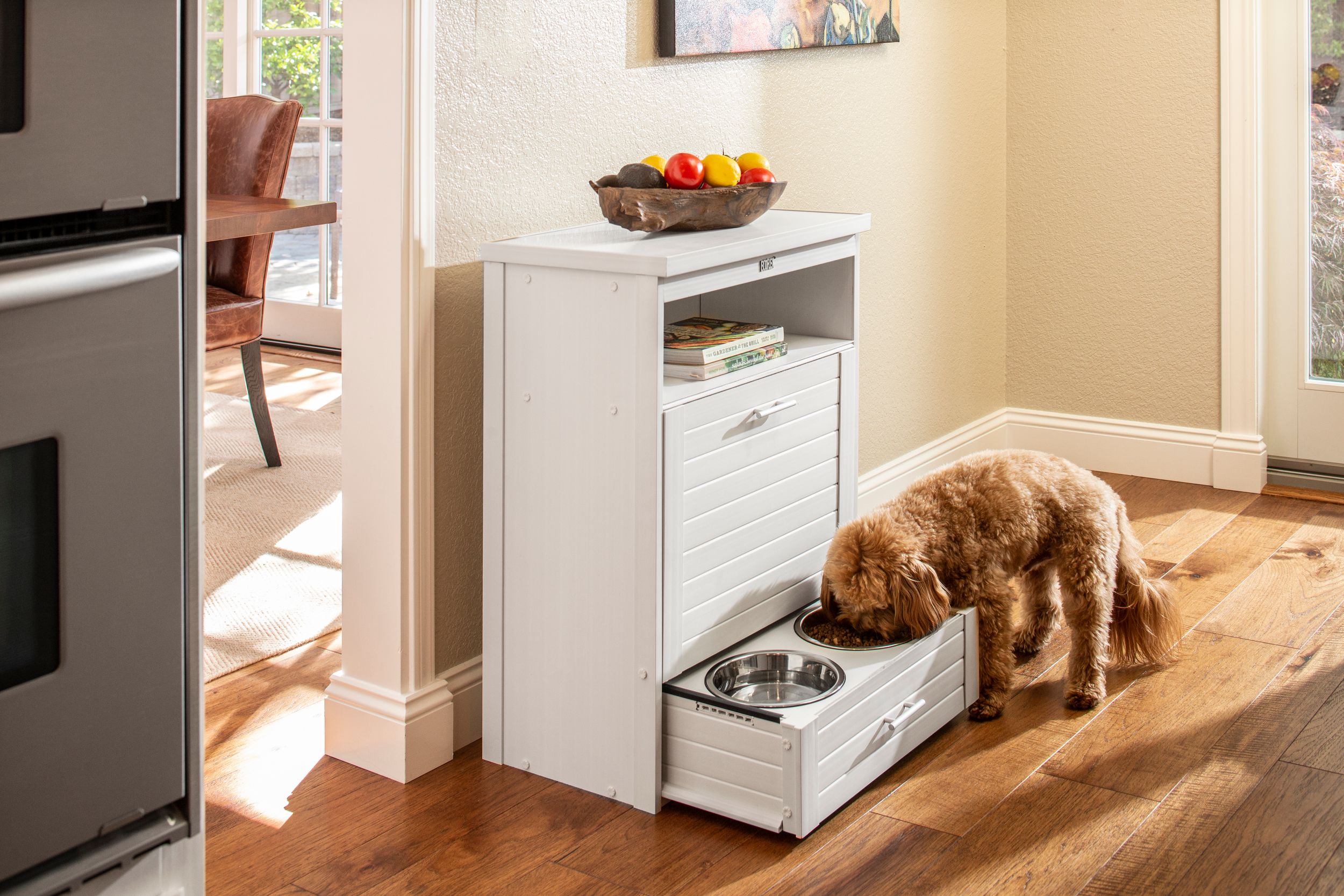 New Age Pet® ECOFLEX® Brea Dog Pantry Diner with Angled Storage Drawer, White Front_Angled_Right