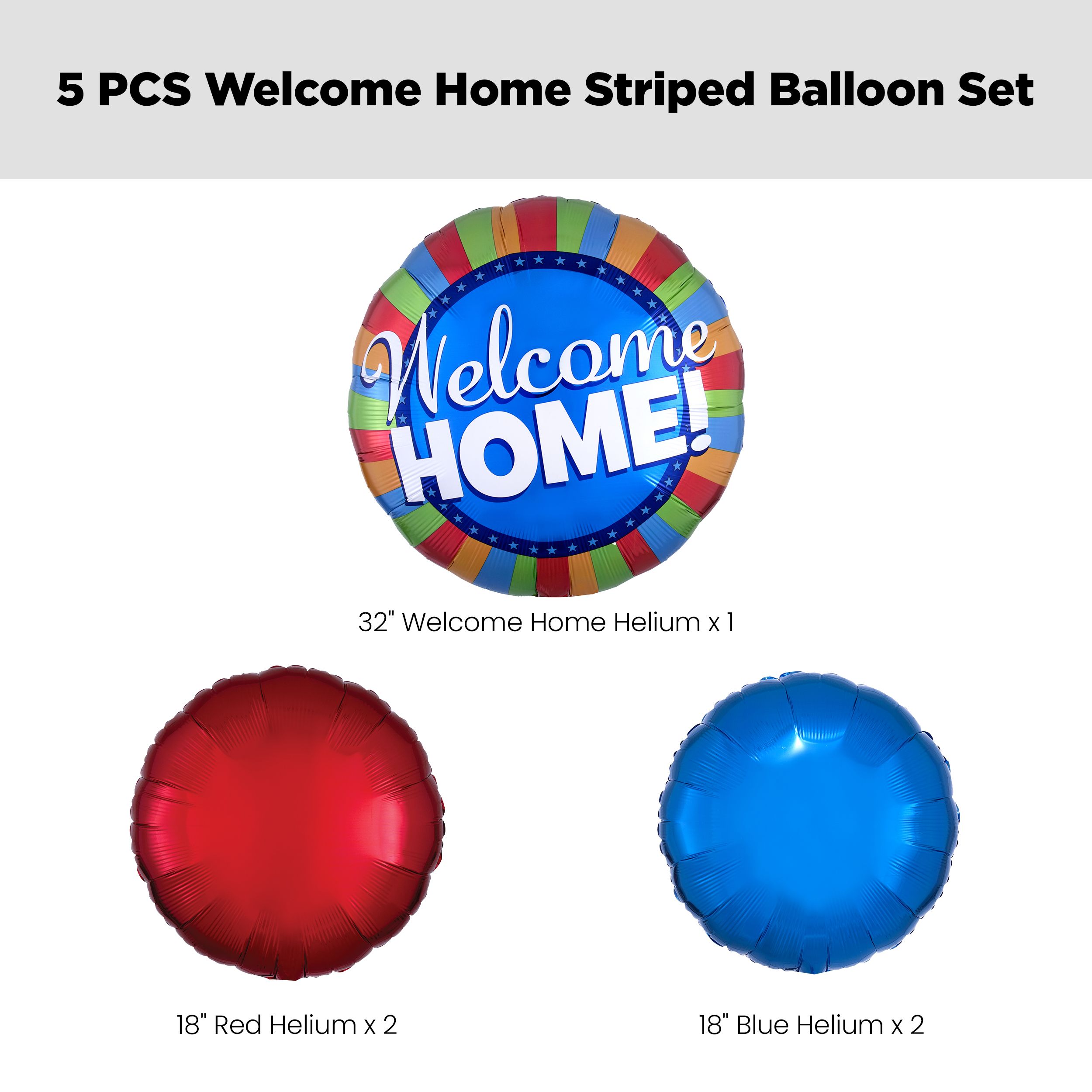 "Welcome Home" Round Striped Satin Foil Balloon Bouquet with Foil Balloons, Multi-Coloured, 5-pk, Helium Inflation & Ribbon Included Front_Flat