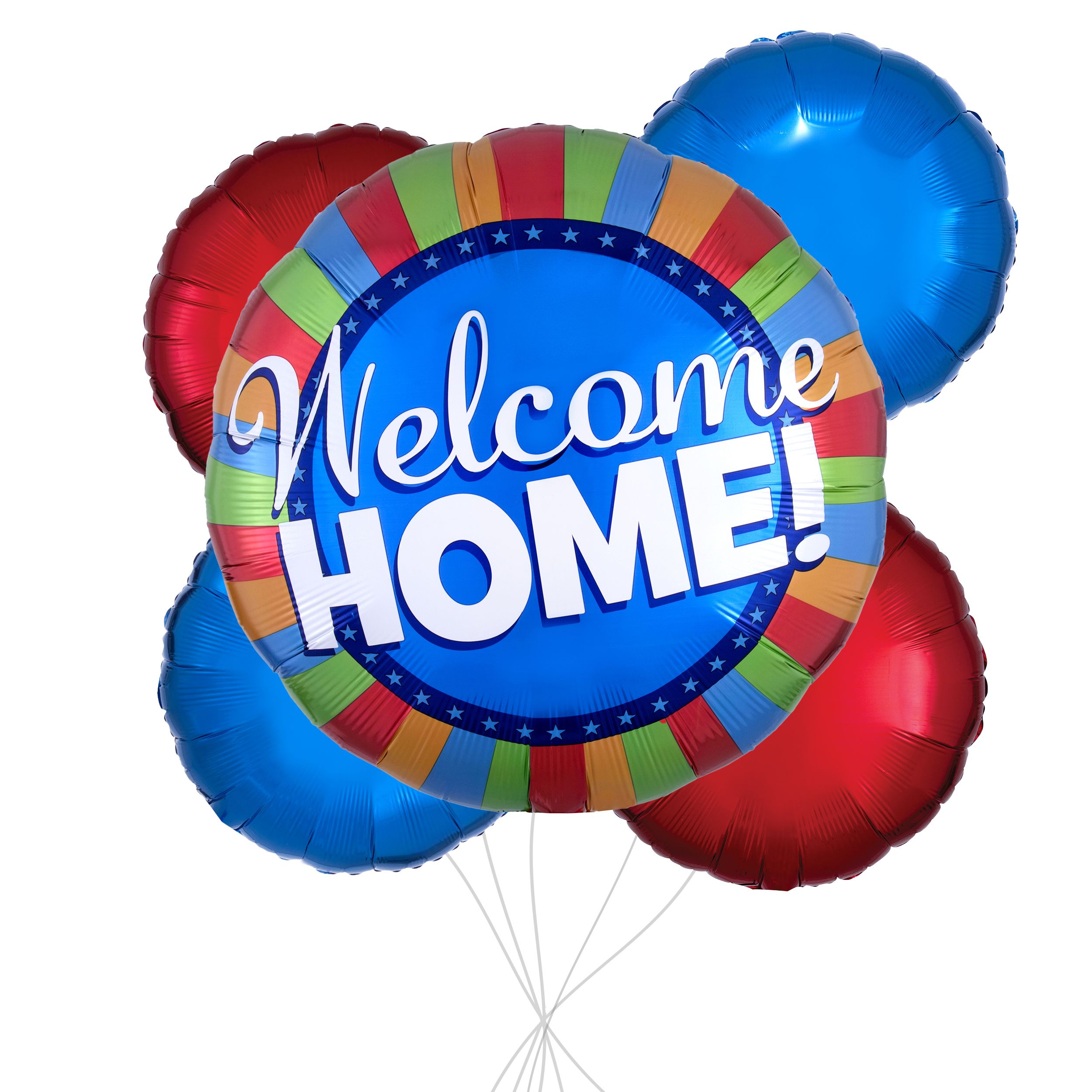 "Welcome Home" Round Striped Satin Foil Balloon Bouquet with Foil Balloons, Multi-Coloured, 5-pk, Helium Inflation & Ribbon Included Front_Flat