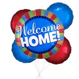 "Welcome Home" Round Striped Satin Foil Balloon Bouquet with Foil Balloons, Multi-Coloured, 5-pk, Helium Inflation & Ribbon Included Front_Flat