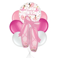 "Happy Birthday" Ballerina Slippers Supershape Balloon Bouquet with Latex Balloons, Pink/White, 8-pk, Helium Inflation & Ribbon Included Front_Flat