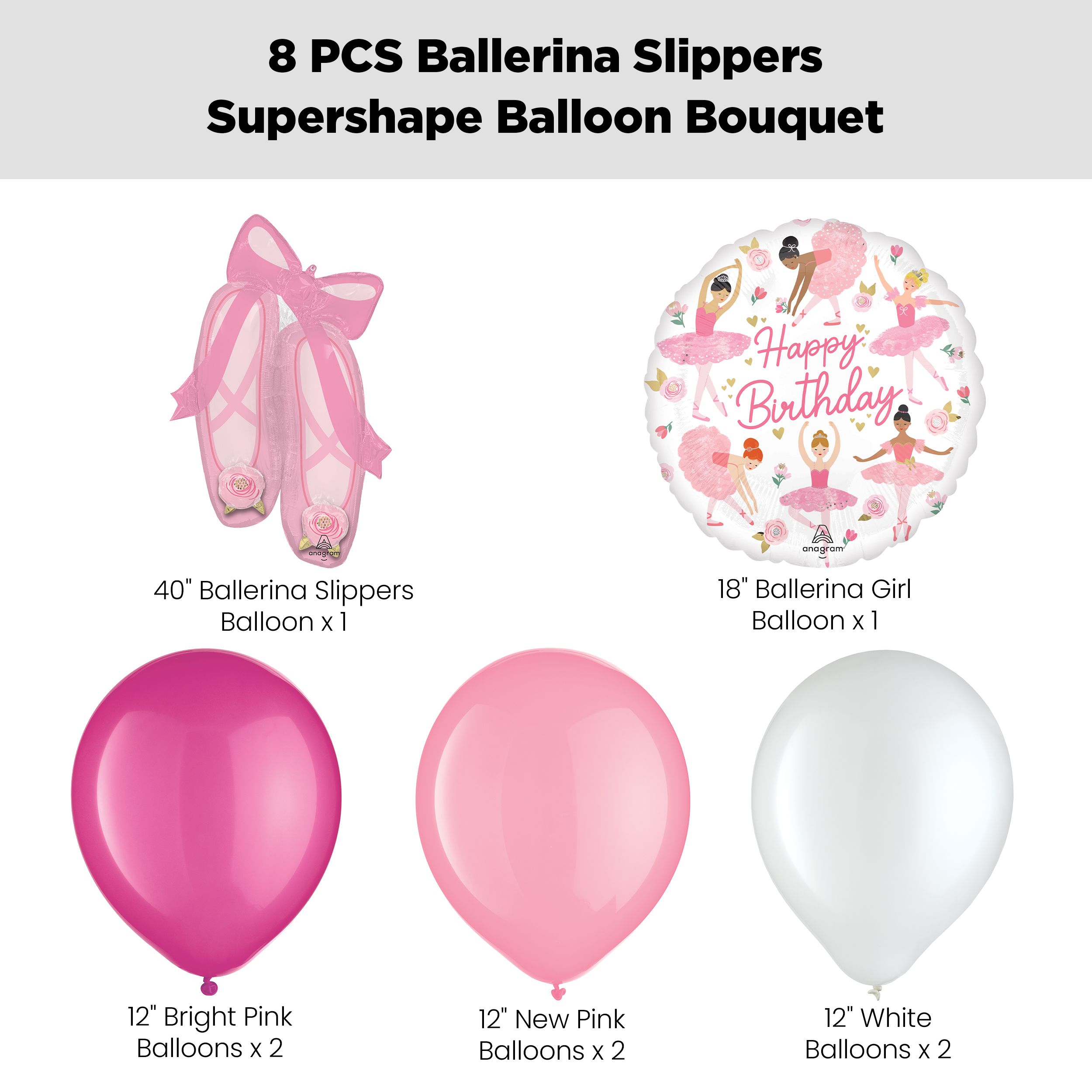 "Happy Birthday" Ballerina Slippers Supershape Balloon Bouquet with Latex Balloons, Pink/White, 8-pk, Helium Inflation & Ribbon Included Front_Flat