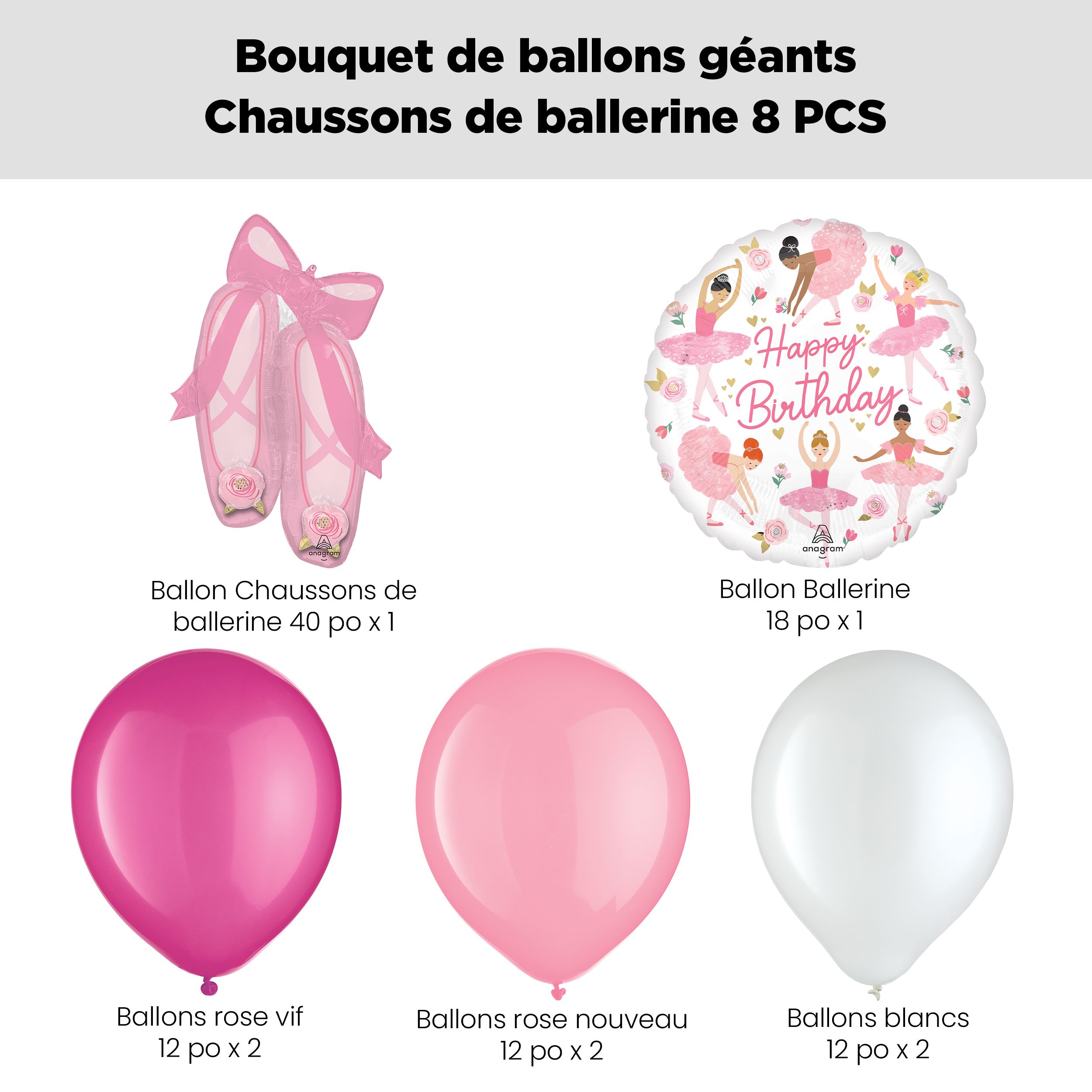 Bouquet de ballons avec ballon Supershape « Happy Birthday », chaussons de ballet, et ballons en latex, rose et blanc, paq. 8, gonflage à l’hélium et ruban compris Front_Flat