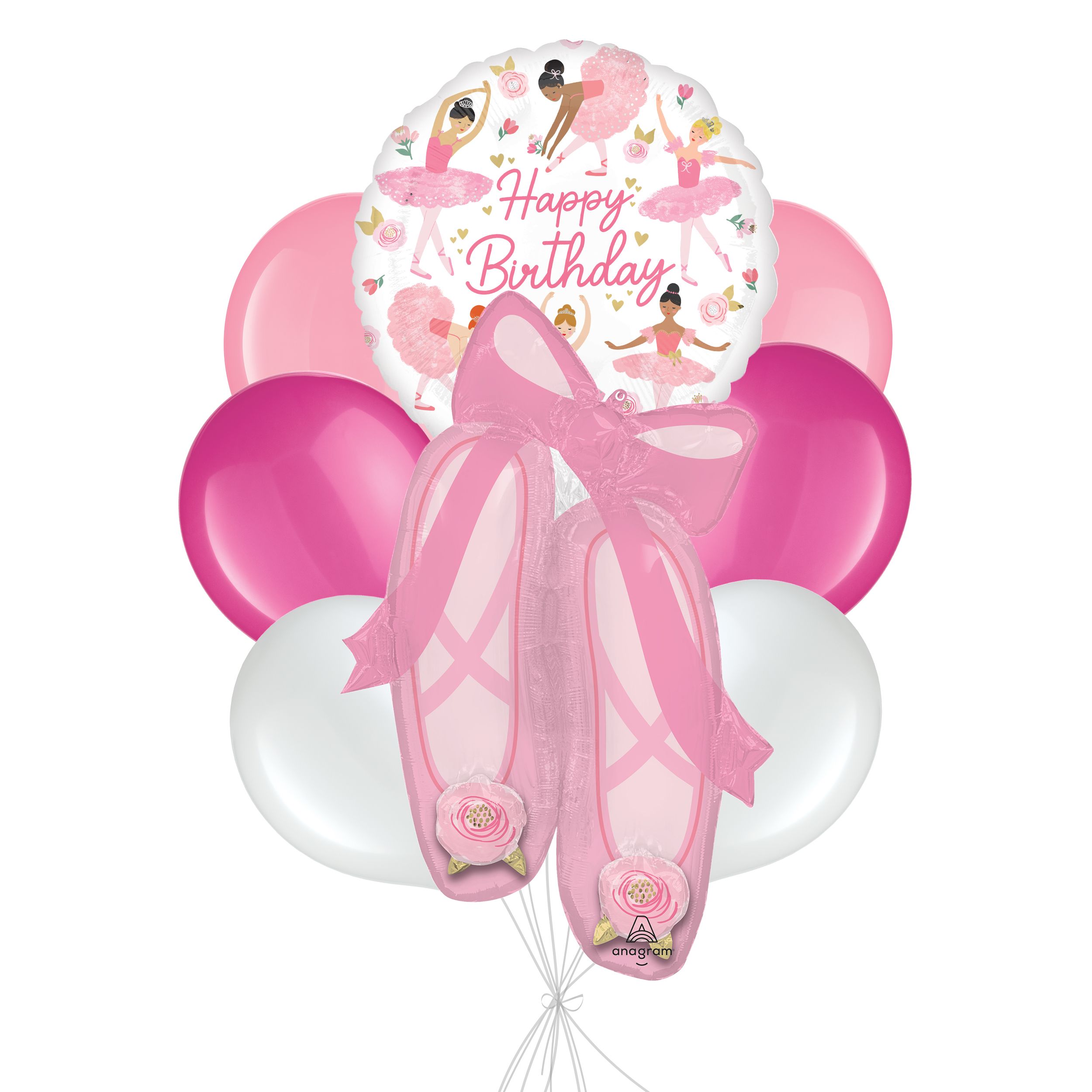 "Happy Birthday" Ballerina Slippers Supershape Balloon Bouquet with Latex Balloons, Pink/White, 8-pk, Helium Inflation & Ribbon Included Front_Flat
