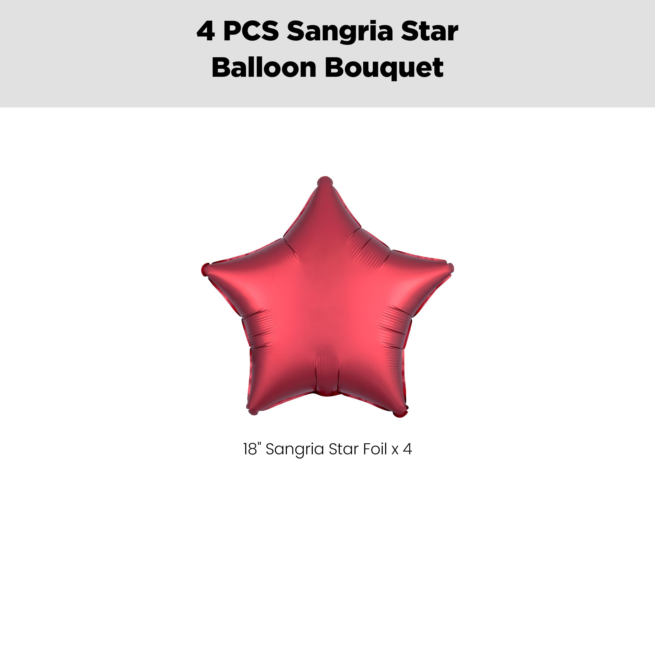 Star Foil Balloon Bouquet, Sangria, 4-pk, Helium Inflation & Ribbon Included for Birthday/Special Occasion Front_Flat