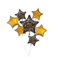 "Happy New Year" Star Satin Foil Balloon Bouquet with Star Foil Balloons, Black/Gold, 7-pk, Helium Inflation & Ribbon Included for New Year's Eve Front_Flat