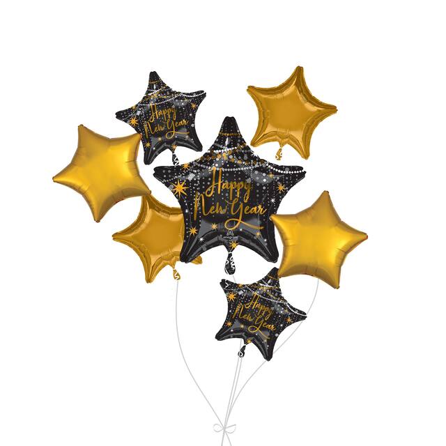 Bouquet de ballons métalliques satinés étoilés Happy New Year avec ballons métalliques étoilés, doré/noir, paq. 7, gonflage à l’hélium et ruban inclus, pour veille du jour de l’An Front_Flat