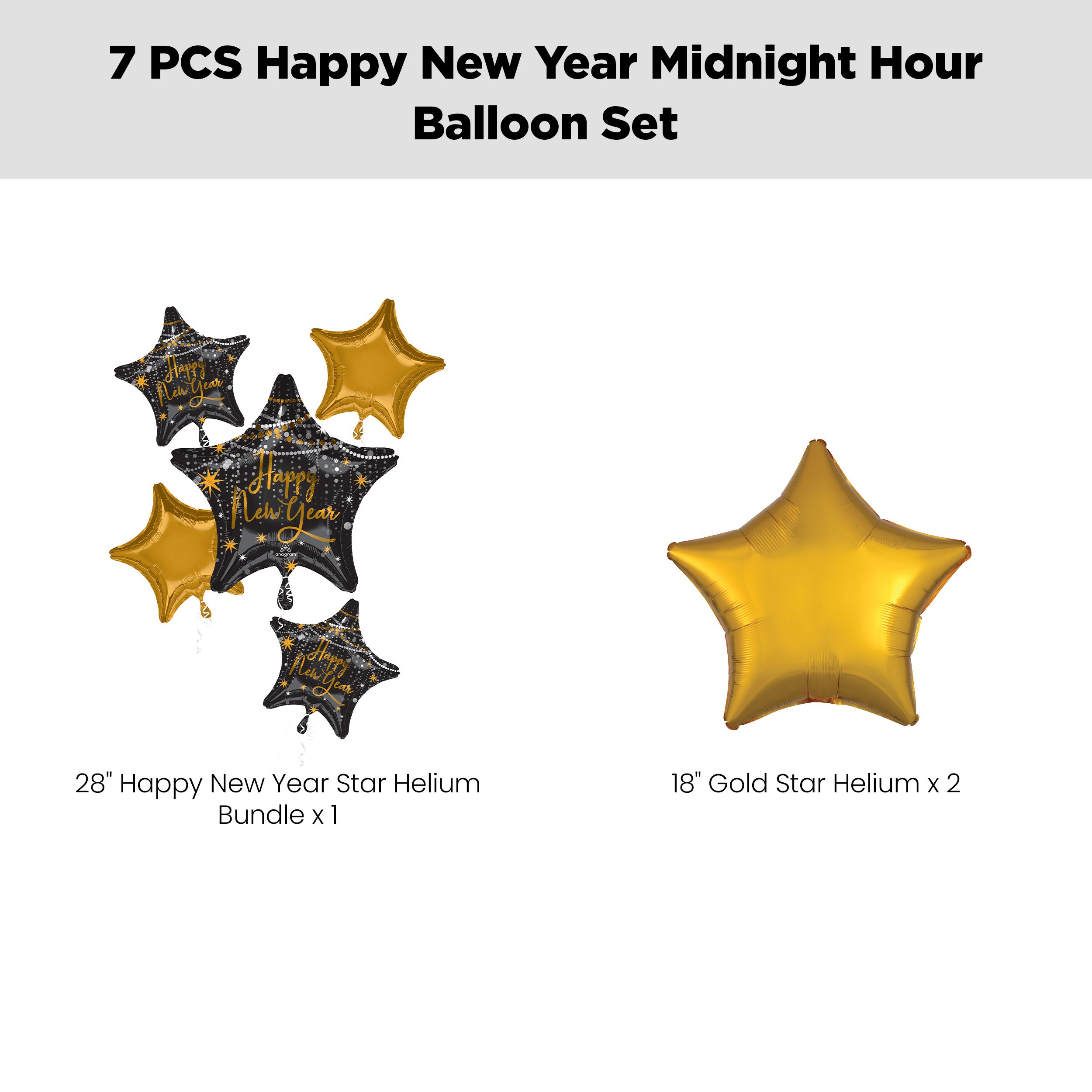 "Happy New Year" Star Satin Foil Balloon Bouquet with Star Foil Balloons, Black/Gold, 7-pk, Helium Inflation & Ribbon Included for New Year's Eve Front_Flat
