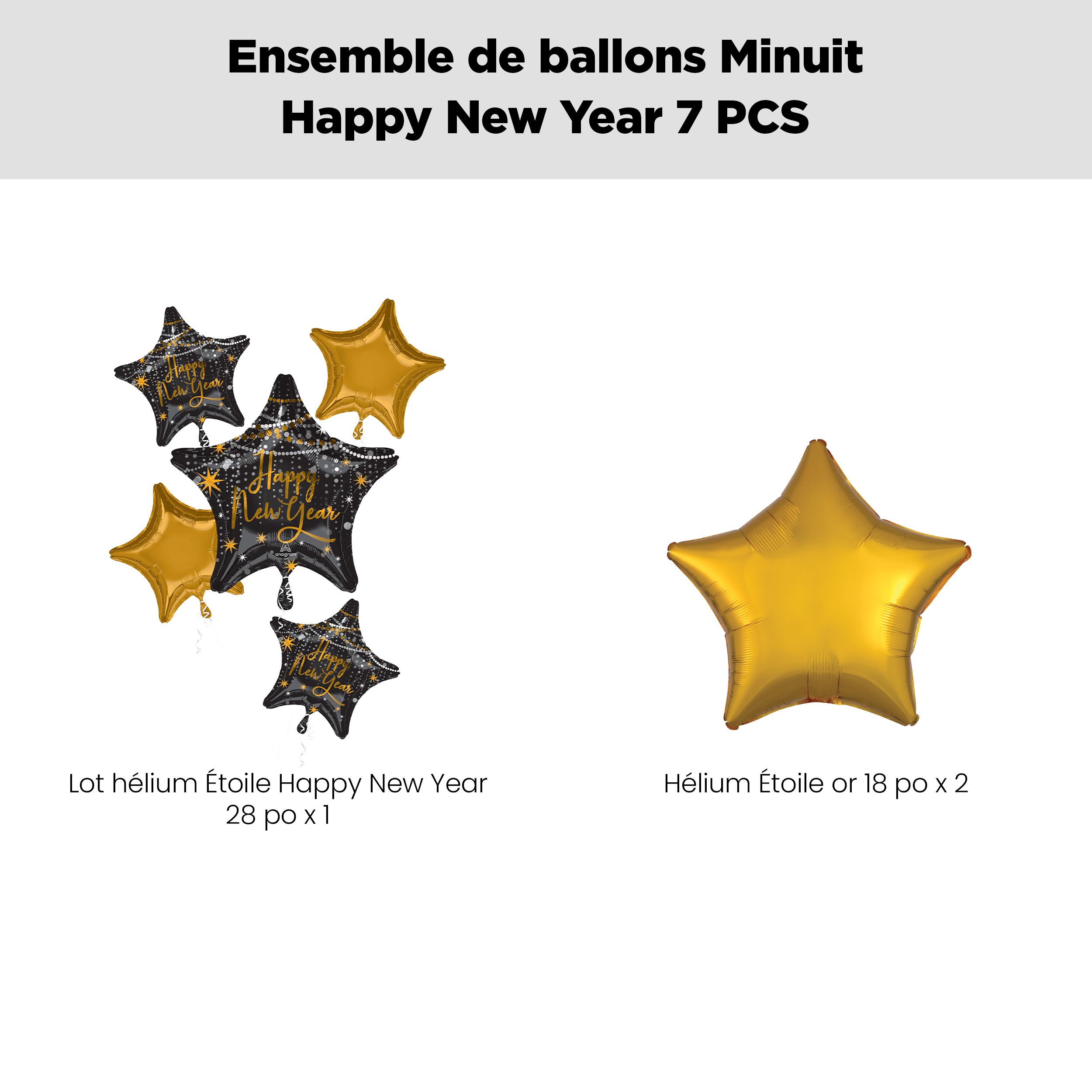 Bouquet de ballons métalliques satinés étoilés Happy New Year avec ballons métalliques étoilés, doré/noir, paq. 7, gonflage à l’hélium et ruban inclus, pour veille du jour de l’An Front_Flat