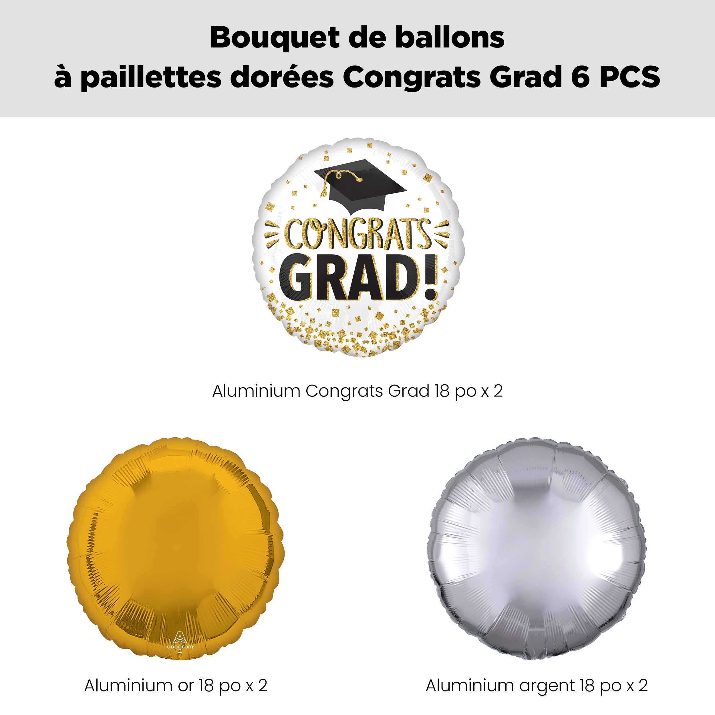 Bouquet de ballons scintillants «&nbsp;Congrats Grad!&nbsp;» avec ballons ronds en latex dorés et argentés, paq. 6, gonflage à l’hélium et ruban inclus Front_Flat