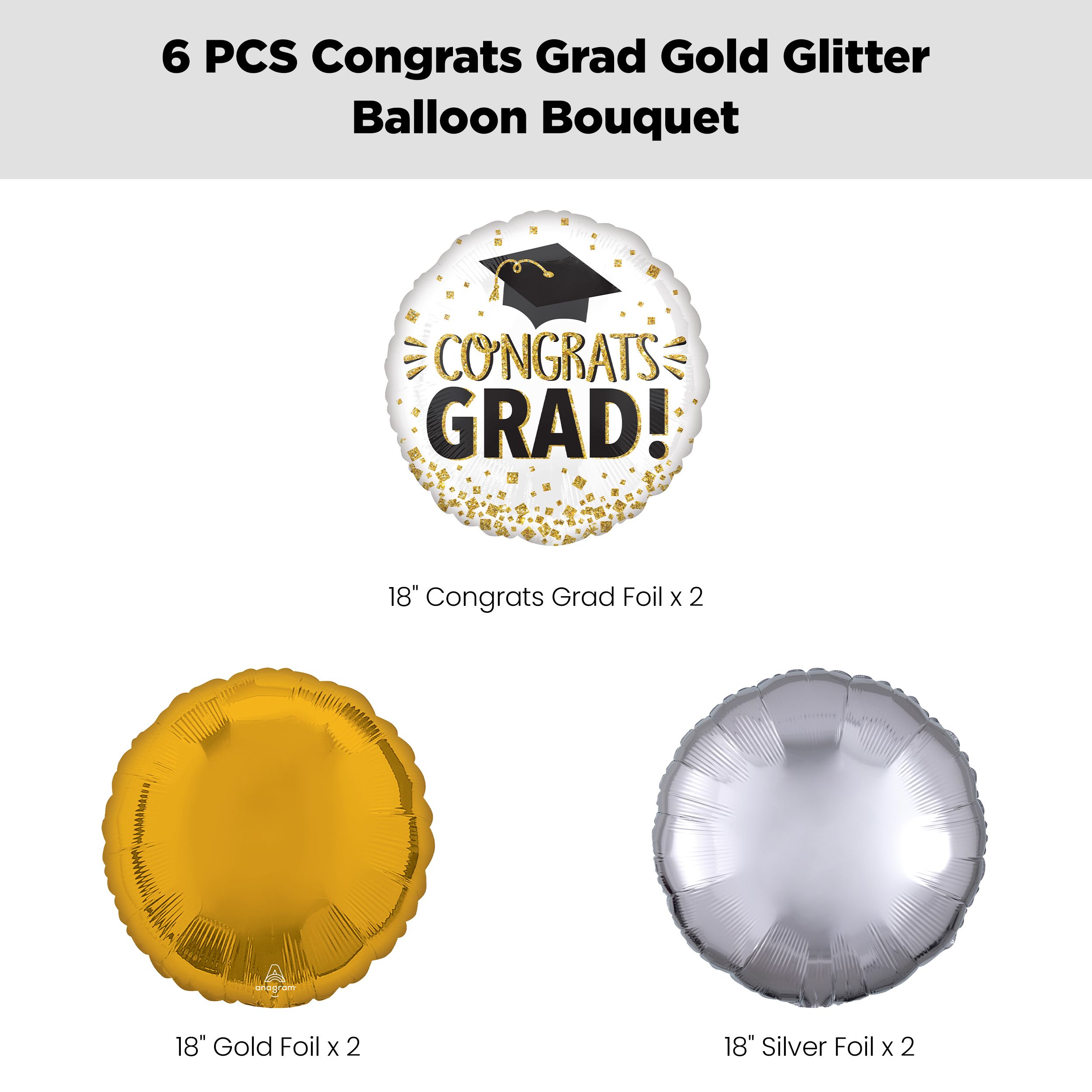"Congrats Grad!" Glitter Balloon Bouquet with Round Foil Balloons, Gold/Silver, 6-pk, Helium Inflation & Ribbon Included Front_Flat