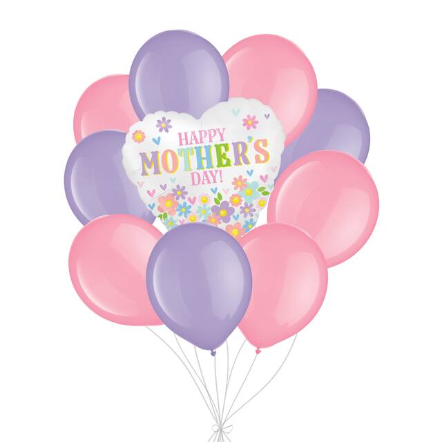 Bouquet de ballons à motif de marguerites «&nbsp;Happy Mother’s Day&nbsp;» avec ballons en latex, rose/lavande, paq. 10, gonflage à l’hélium et ruban inclus Front_Flat
