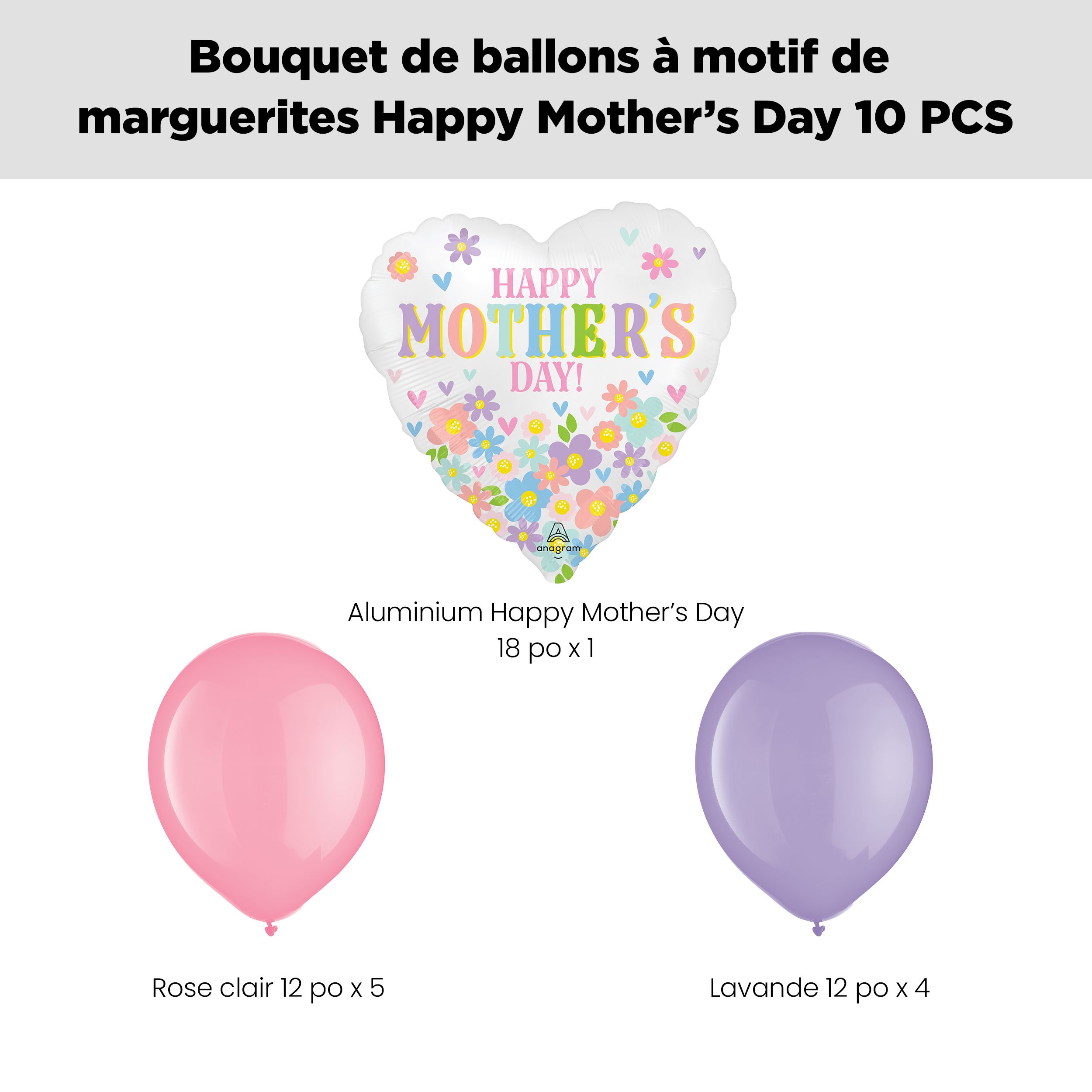 Bouquet de ballons à motif de marguerites «&nbsp;Happy Mother’s Day&nbsp;» avec ballons en latex, rose/lavande, paq. 10, gonflage à l’hélium et ruban inclus Front_Flat