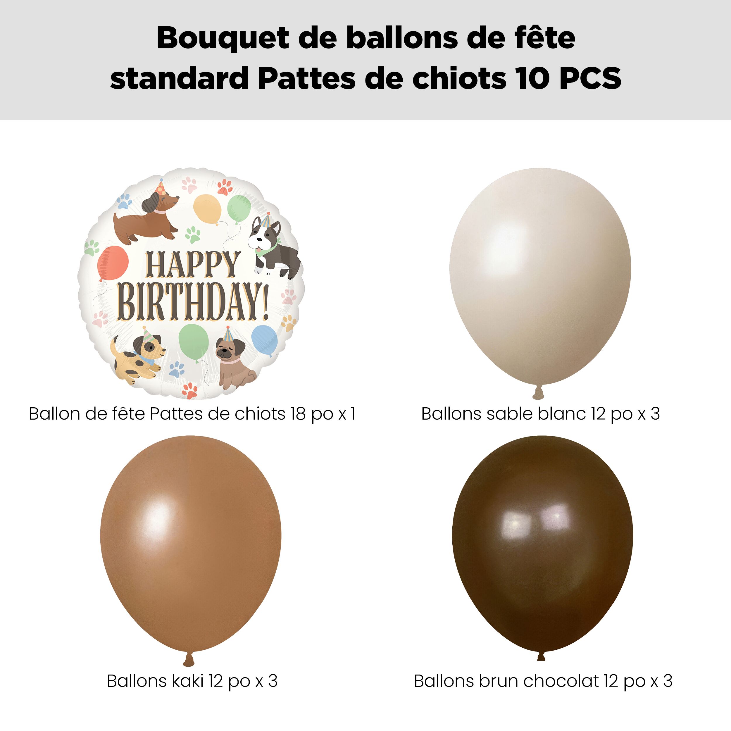 Bouquet de ballons « Happy Birthday! » à thème Fête de chiens avec ballons en latex, sable blanc, kaki et brun chocolat, paq. 10, gonflage à l’hélium et ruban compris Front_Flat