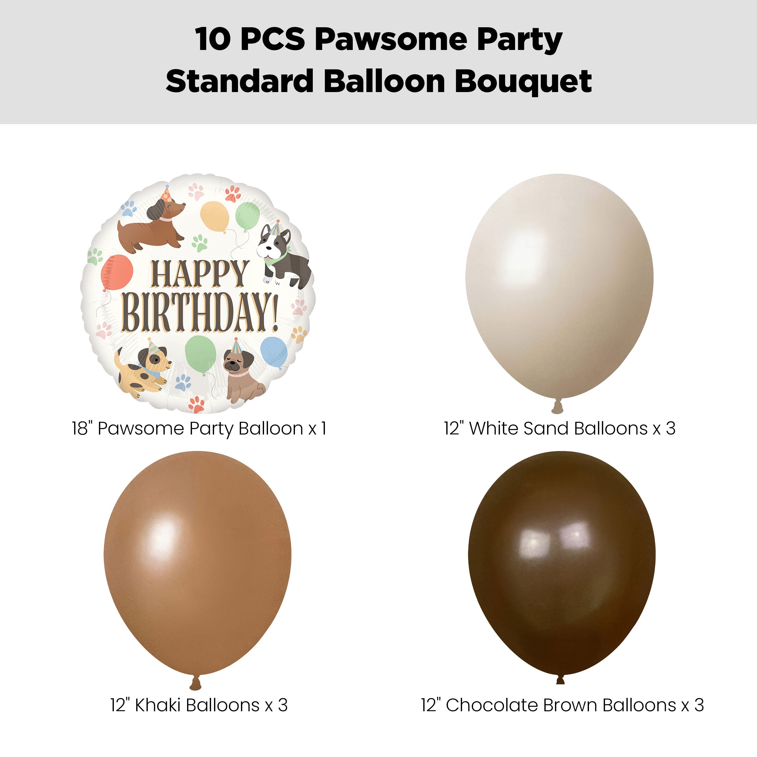 "Happy Birthday!" Pawsome Party Balloon Bouquet with Latex Balloons, White Sand/Khaki/Chocolate Brown, 10-pk, Helium Inflation & Ribbon Included Front_Flat