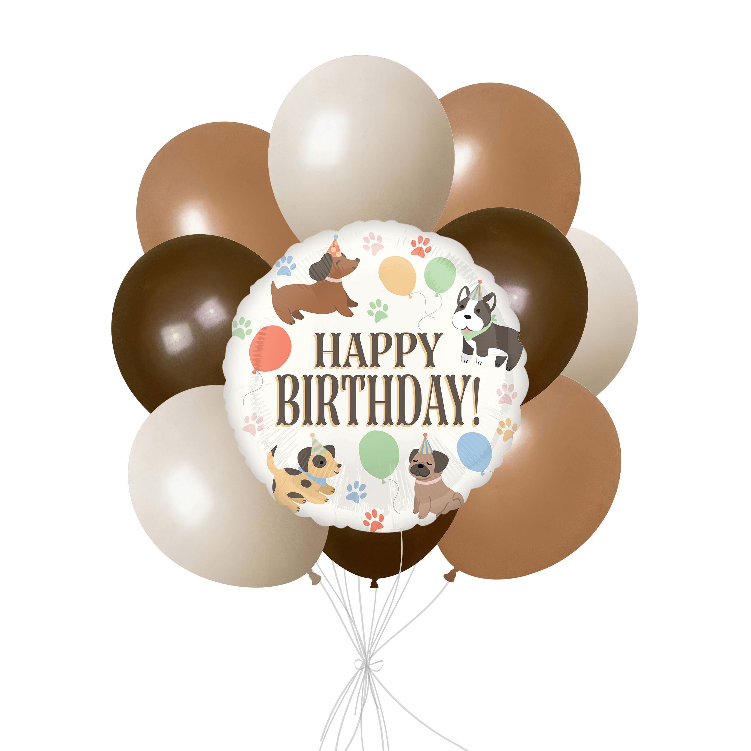 Bouquet de ballons « Happy Birthday! » à thème Fête de chiens avec ballons en latex, sable blanc, kaki et brun chocolat, paq. 10, gonflage à l’hélium et ruban compris Front_Flat