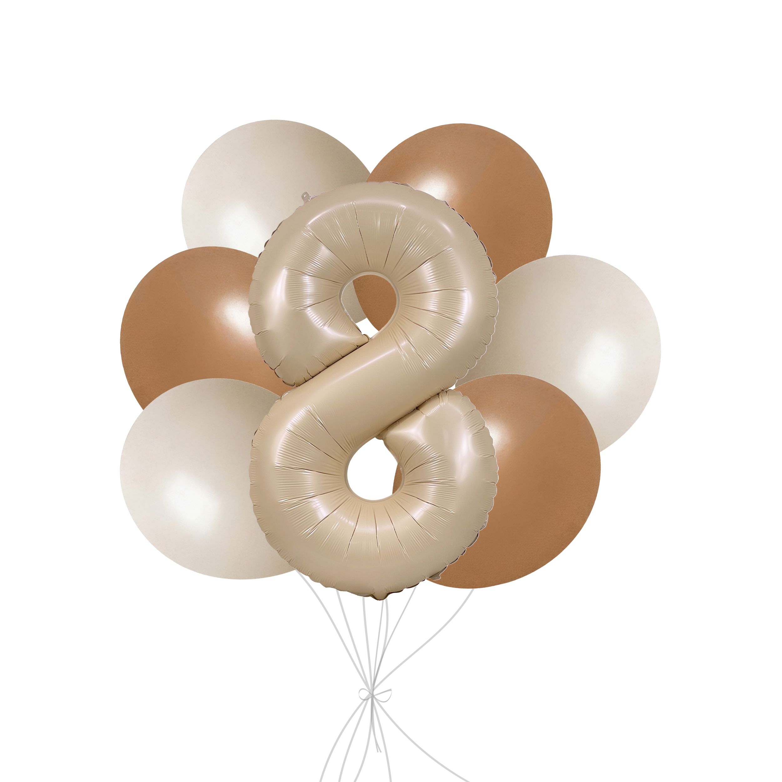 Number 8 Matte Tan Supershape Balloon Bouquet with Latex Balloons, White Sand/Khaki/Chocolate Brown, 7-pk, Helium Inflation & Ribbon Included for Birthday/Special Occasion Front_Flat