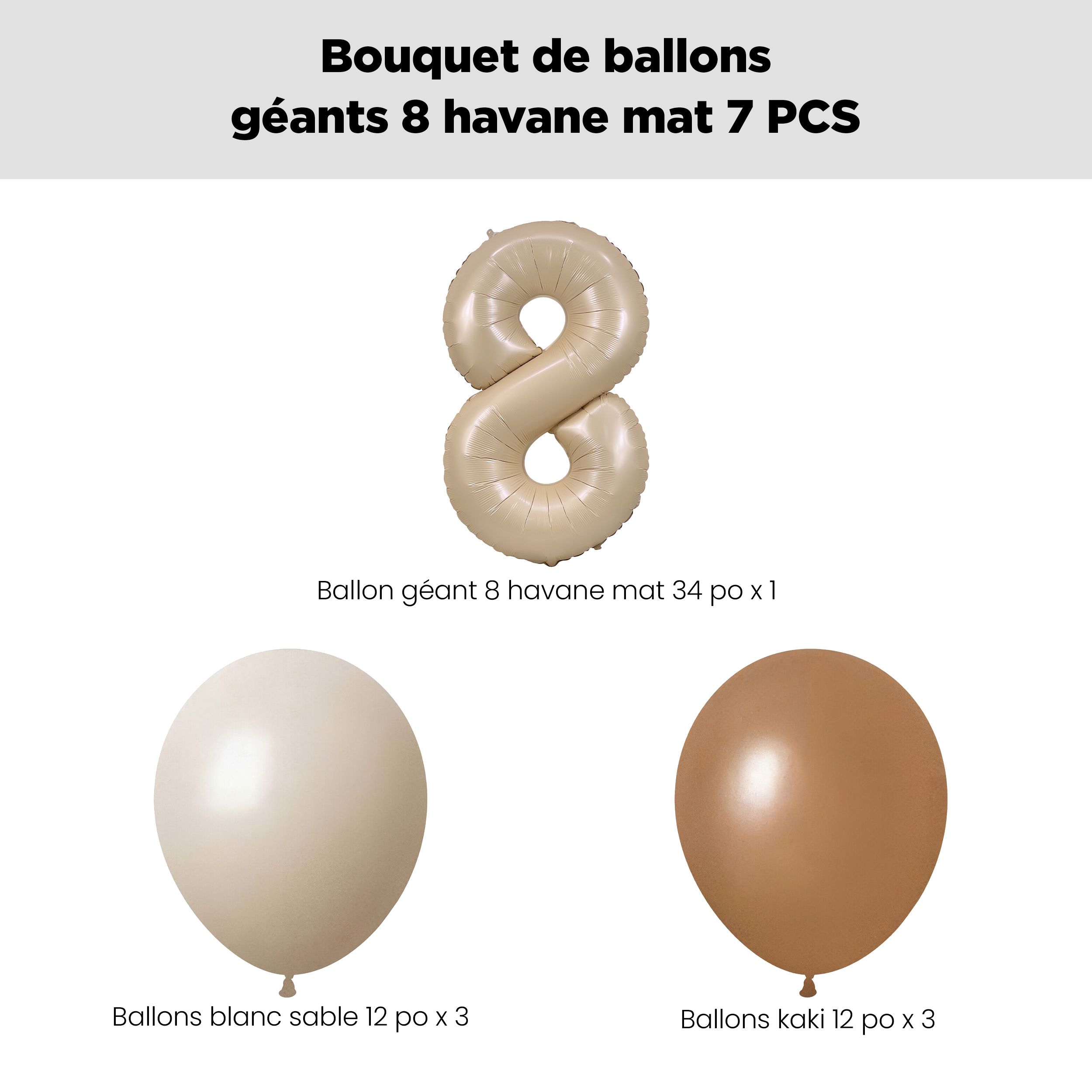 Bouquet de ballons avec ballon Supershape en forme du chiffre&nbsp;8, havane mat, et ballons en latex, sable blanc et kaki, paq. 7, gonflage à l’hélium et ruban compris, pour anniversaire/occasion spéciale Front_Flat