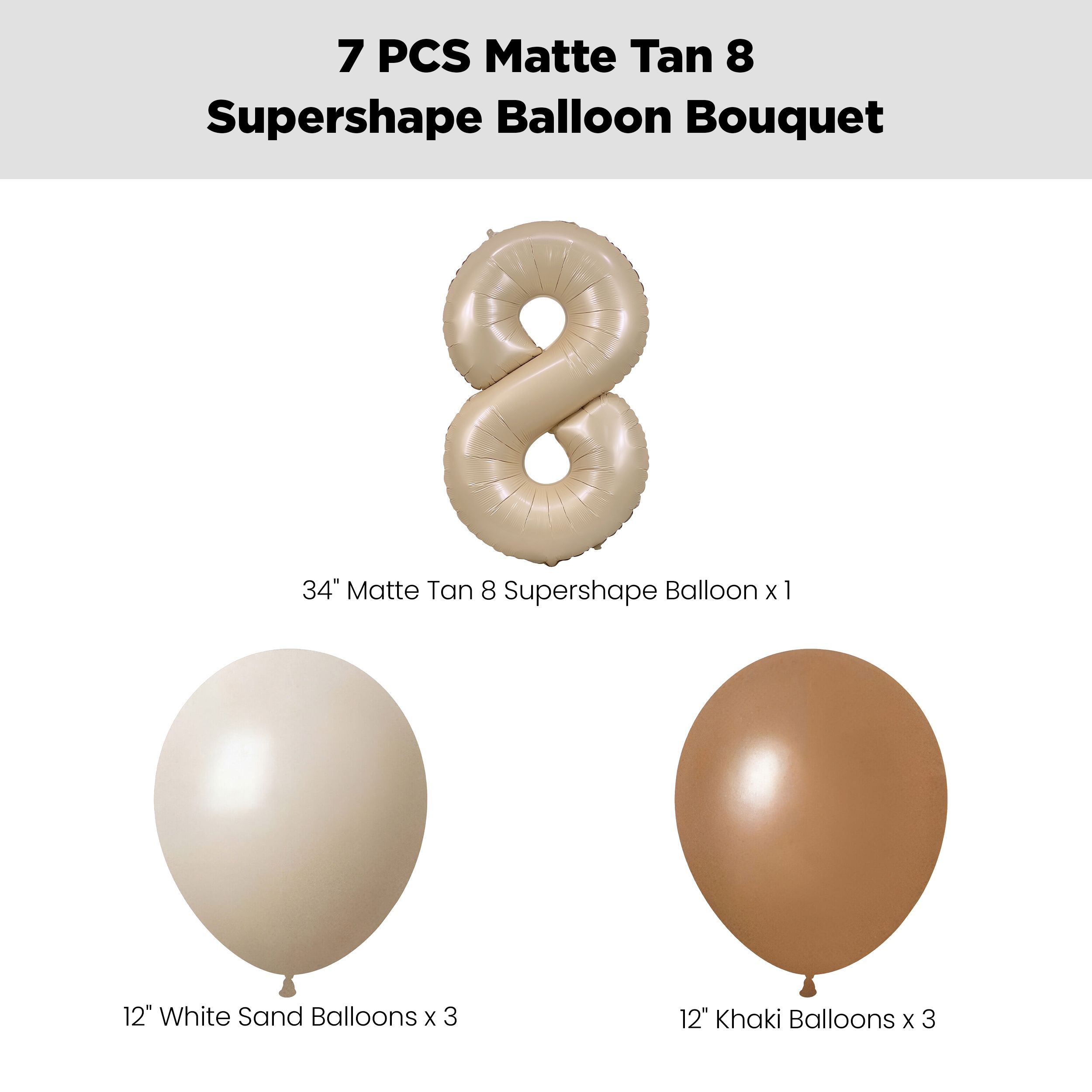 Number 8 Matte Tan Supershape Balloon Bouquet with Latex Balloons, White Sand/Khaki/Chocolate Brown, 7-pk, Helium Inflation & Ribbon Included for Birthday/Special Occasion Front_Flat