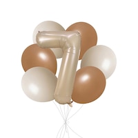 Bouquet de ballons avec ballon Supershape en forme du chiffre&nbsp;7, havane mat, et ballons en latex, sable blanc et kaki, paq. 7, gonflage à l’hélium et ruban compris, pour anniversaire/occasion spéciale Front_Flat