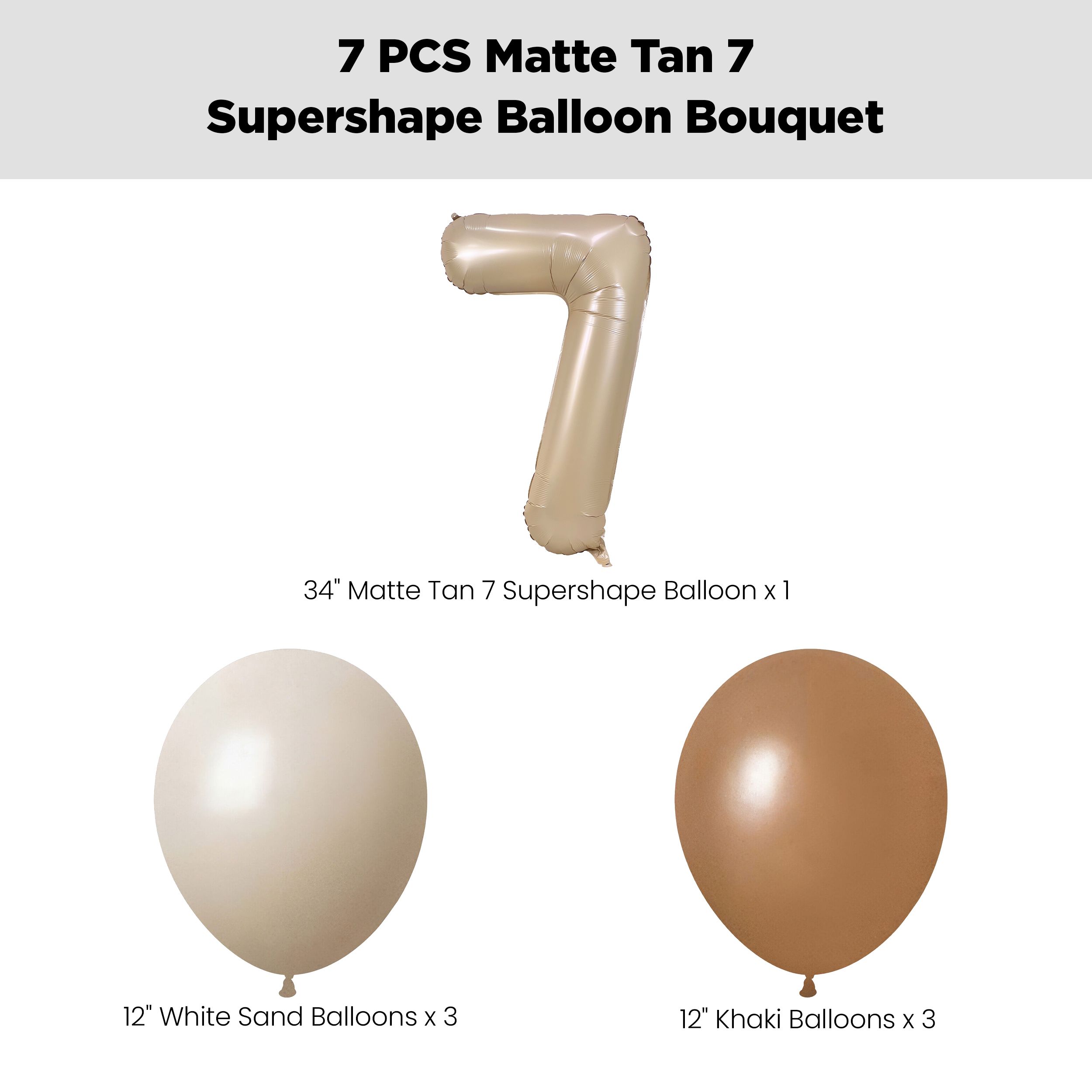 Number 7 Matte Tan Supershape Balloon Bouquet with Latex Balloons, White Sand/Khaki/Chocolate Brown, 7-pk, Helium Inflation & Ribbon Included for Birthday/Special Occasion Front_Flat