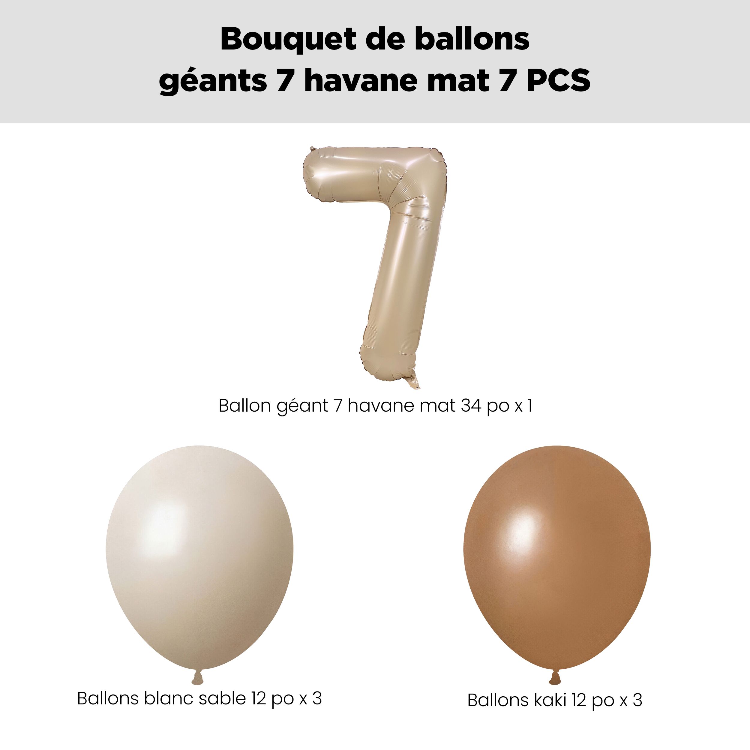 Bouquet de ballons avec ballon Supershape en forme du chiffre&nbsp;7, havane mat, et ballons en latex, sable blanc et kaki, paq. 7, gonflage à l’hélium et ruban compris, pour anniversaire/occasion spéciale Front_Flat
