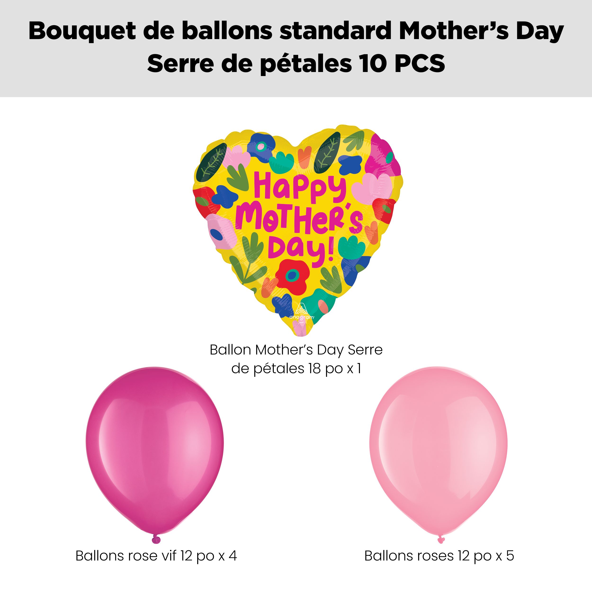 Bouquet de ballons Happy Mother’s Day avec ballons en latex Hothouse Petals, rose vif/nouveau rose, paq. 10, gonflage à l’hélium et ruban compris Front_Flat