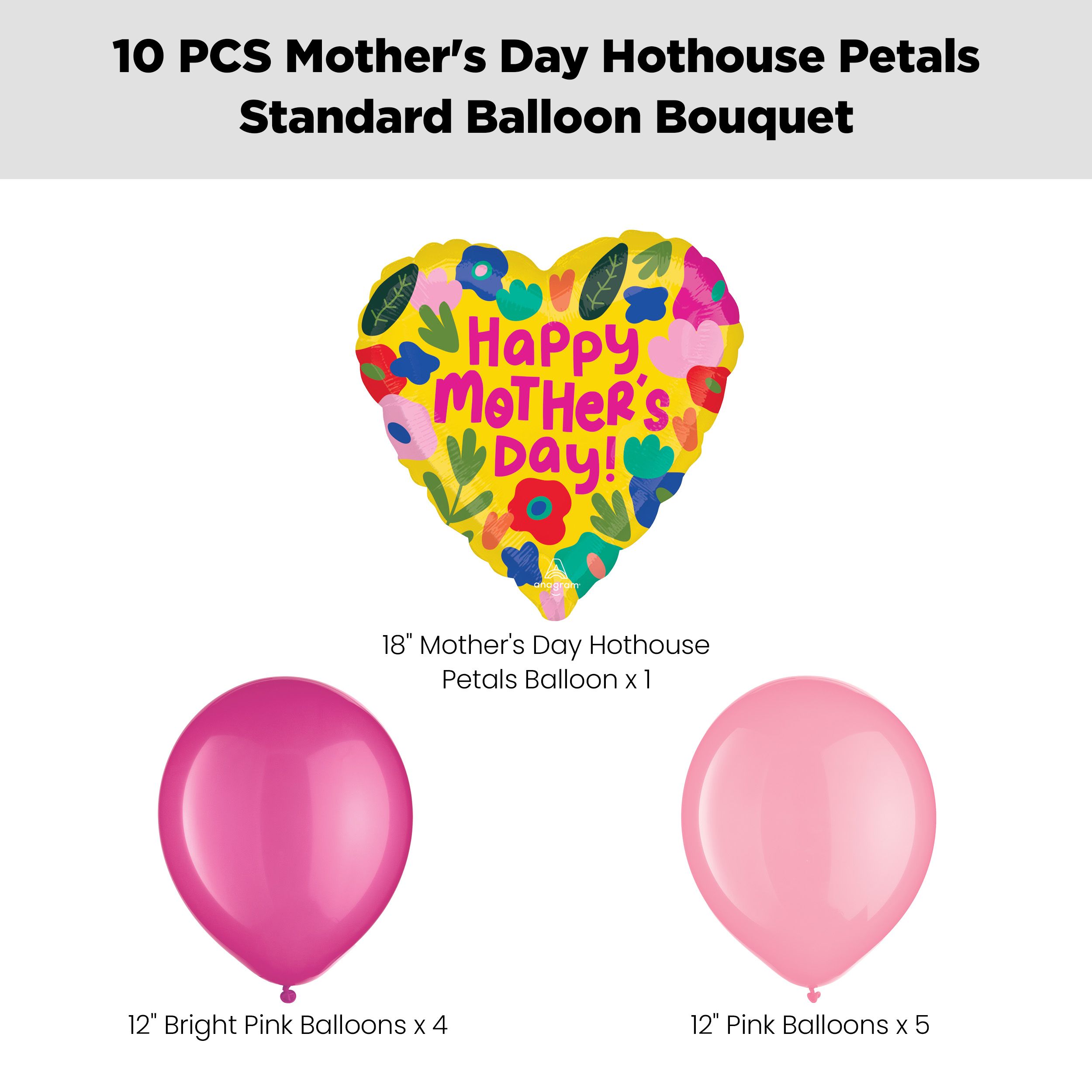 “Happy Mother’s Day!” Hothouse Petals Balloon Bouquet with Latex Balloons, Bright Pink/New Pink, 10-pk, Helium Inflation & Ribbon Included Front_Flat