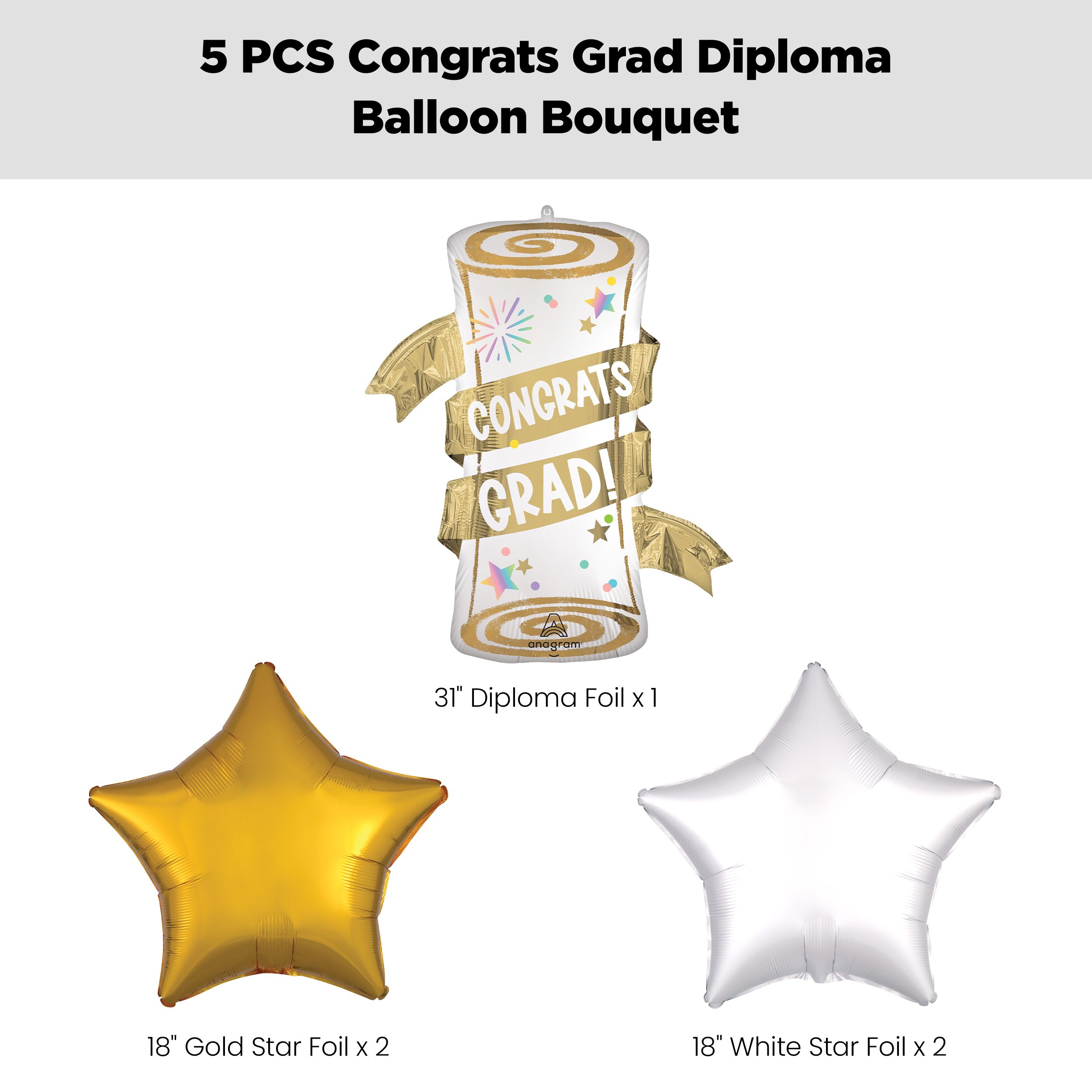 “Congrats Grad!” Diploma Supershape Balloon Bouquet with Star Foil Balloons, Gold/White, 5-pk, Helium Inflation & Ribbon Included Front_Flat