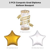 Bouquet de ballons scintillants En forme super diplôme «&nbsp;Congrats Grad!&nbsp;» avec ballons étoiles en aluminium dorés et blancs, paq. 5, gonflage à l¿hélium et ruban inclus