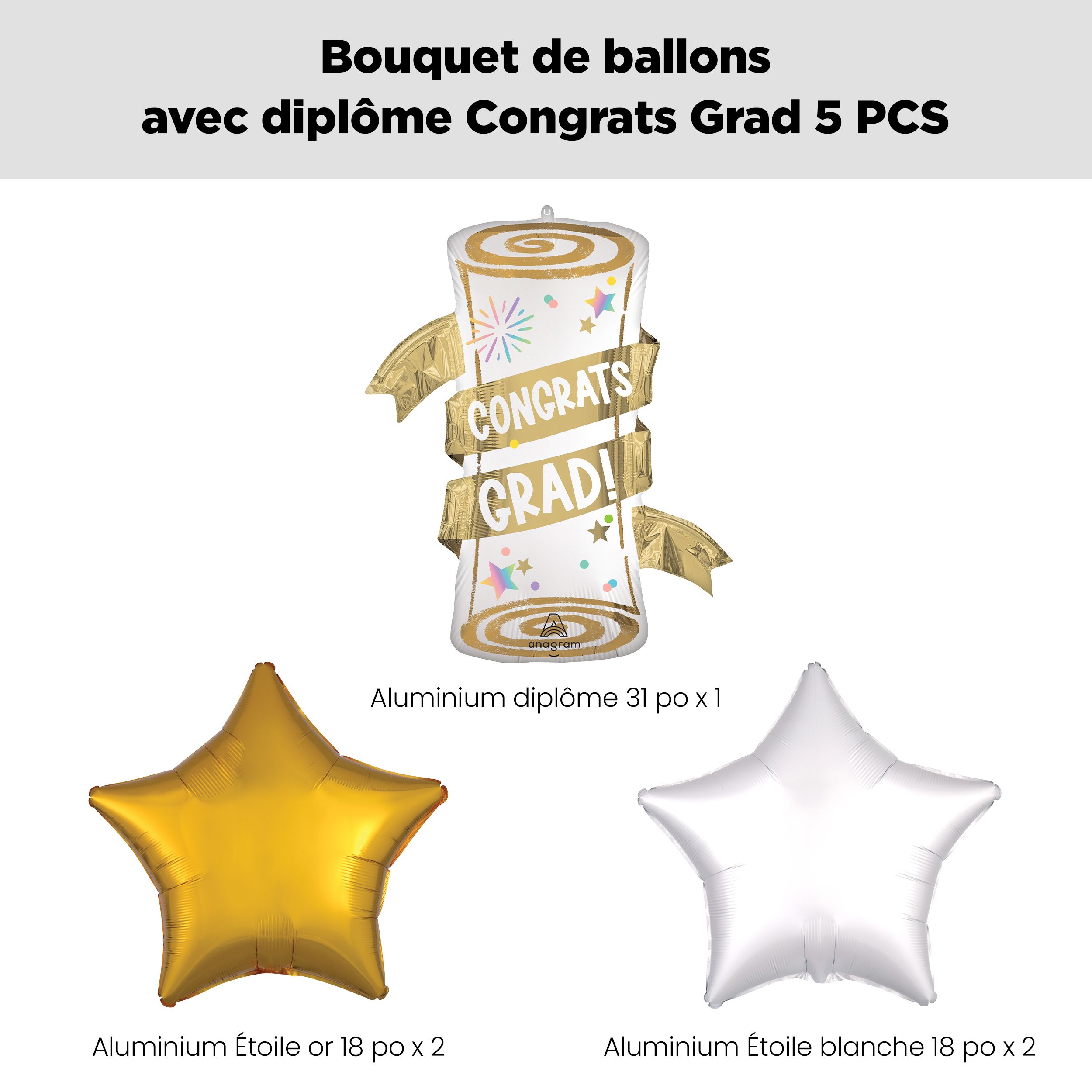 Bouquet de ballons scintillants En forme super diplôme «&nbsp;Congrats Grad!&nbsp;» avec ballons étoiles en aluminium dorés et blancs, paq. 5, gonflage à l’hélium et ruban inclus Front_Flat