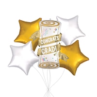 Bouquet de ballons scintillants En forme super diplôme « Congrats Grad! » avec ballons étoiles en aluminium dorés et blancs, paq. 5, gonflage à l¿hélium et ruban inclus