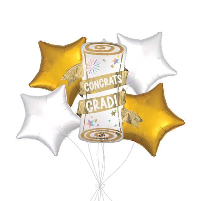 “Congrats Grad!” Diploma Supershape Balloon Bouquet with Star Foil Balloons, Gold/White, 5-pk, Helium Inflation & Ribbon Included Front_Flat