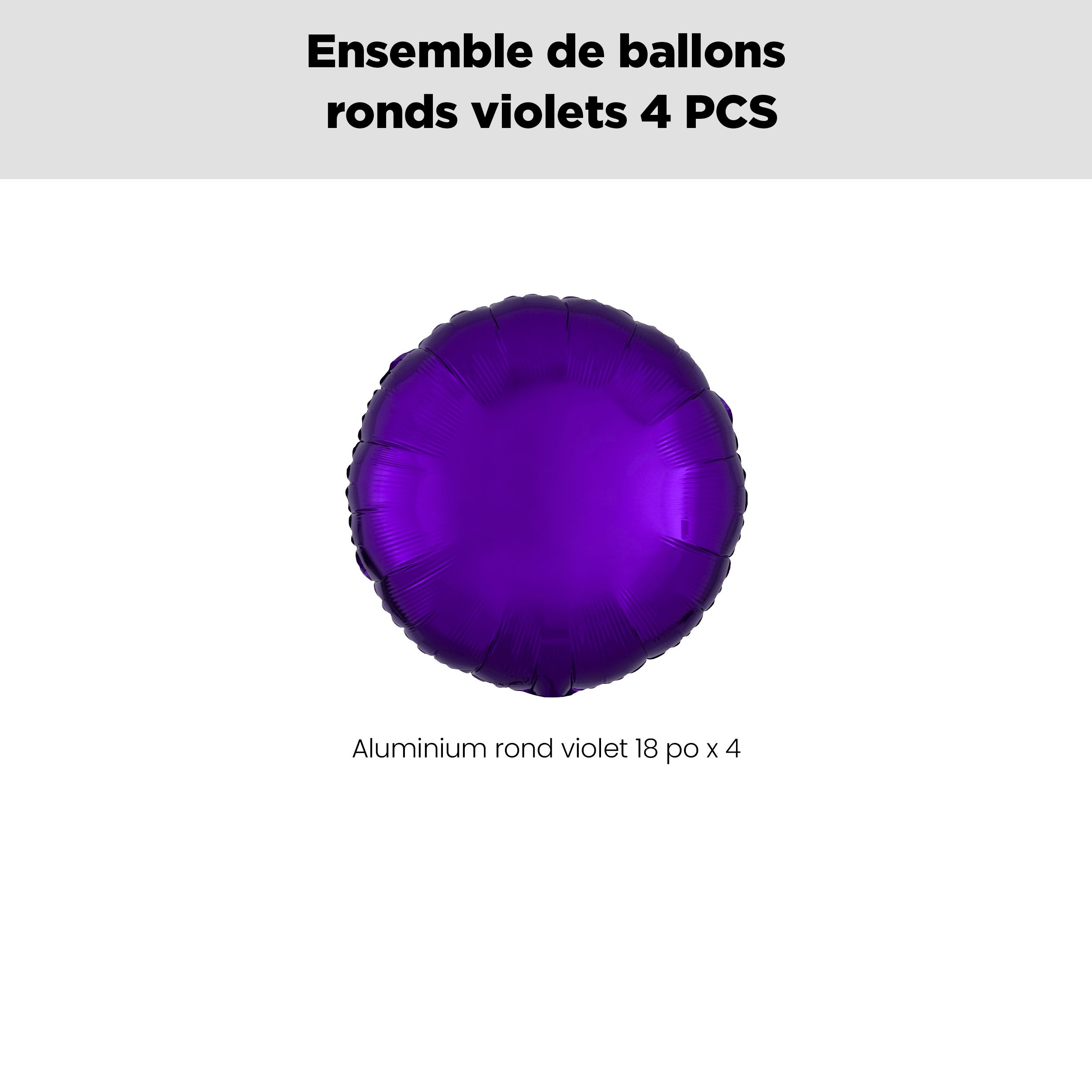 Bouquet de ballons en aluminium de forme ronde, violet, paq.&nbsp;4, gonflage à l'hélium et ruban inclus pour anniversaire/occasion spéciale Front_Flat