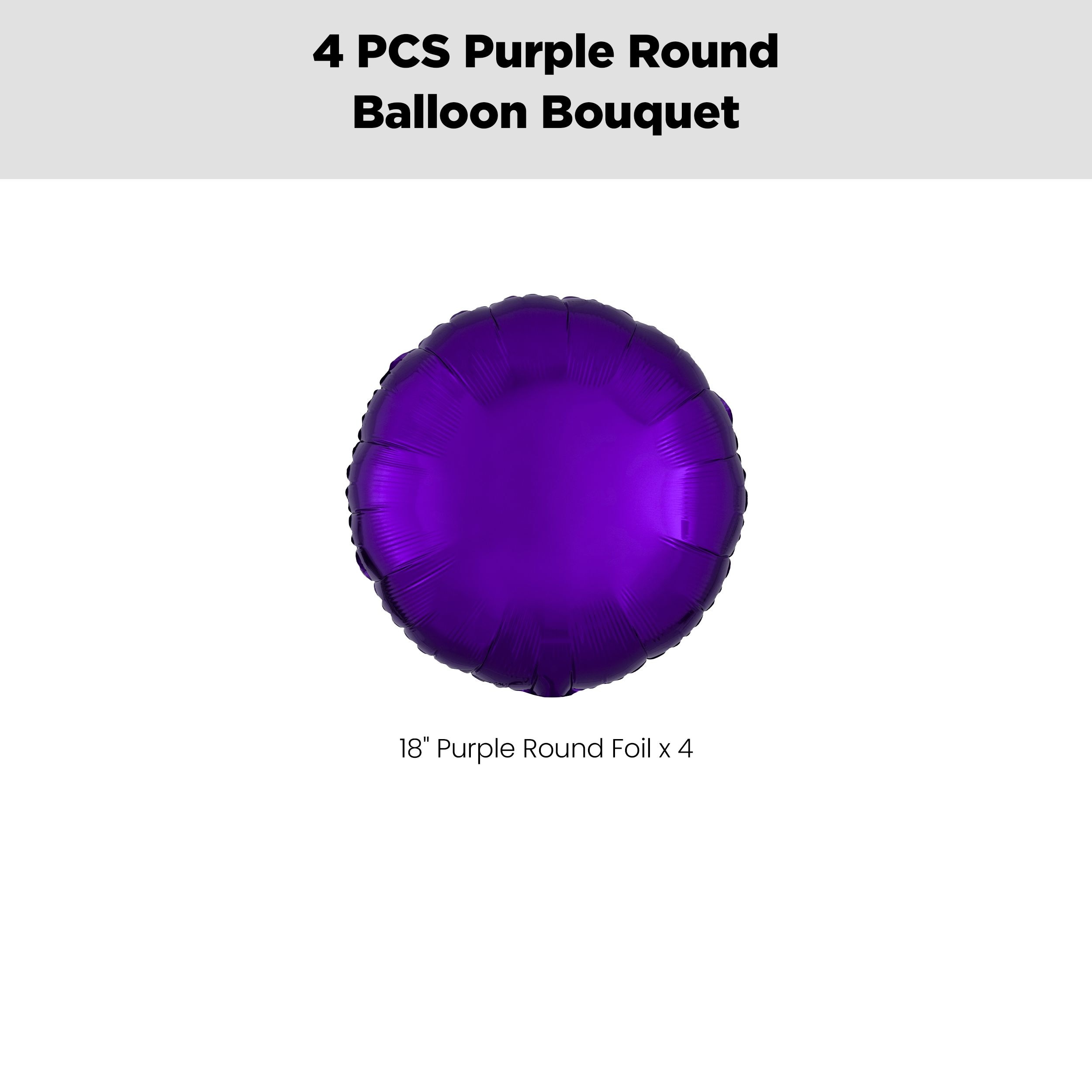 Round Foil Balloon Bouquet, Purple, 4-pk, Helium Inflation & Ribbon Included for Birthday/Special Occasion Front_Flat