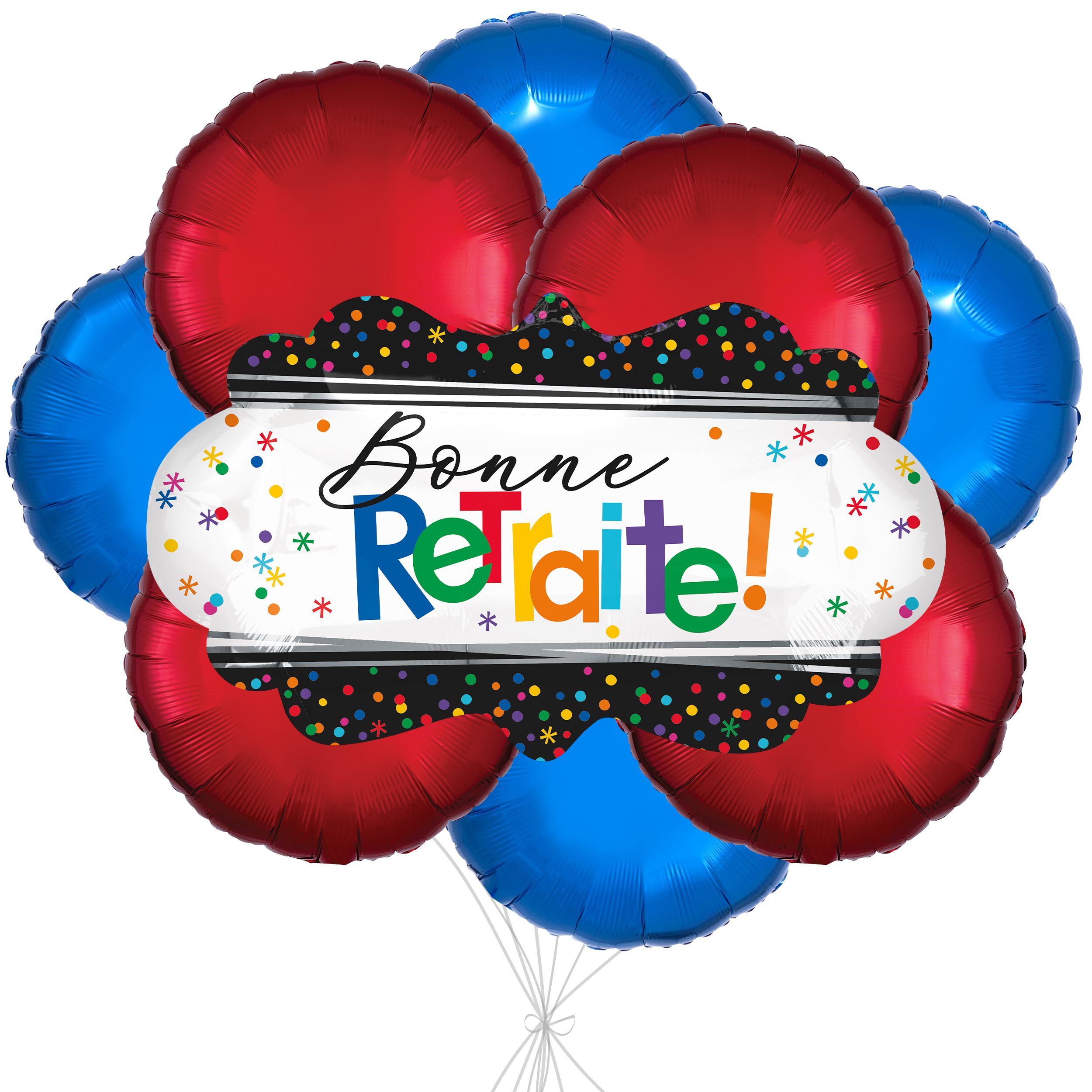 Bouquet de ballons géants ronds métalliques satinés à pois Bonne Retraite avec ballons métalliques, multicolore, paquet de 9, gonflage à l’hélium et ruban inclus pour départ à la retraite Front_Flat