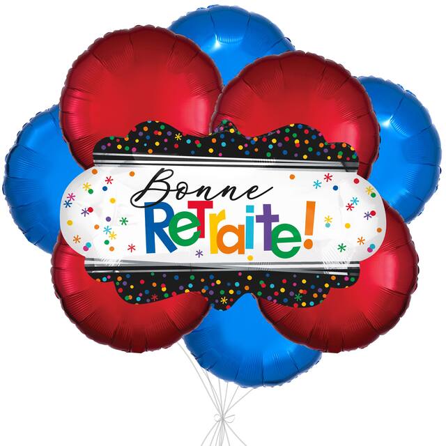 "Bonne Retraite" French Polka Dot Satin Foil Supershape Balloon Bouquet with Foil Balloons, Multi-Coloured, 9-pk, Helium Inflation & Ribbon Included for Retirement Front_Flat