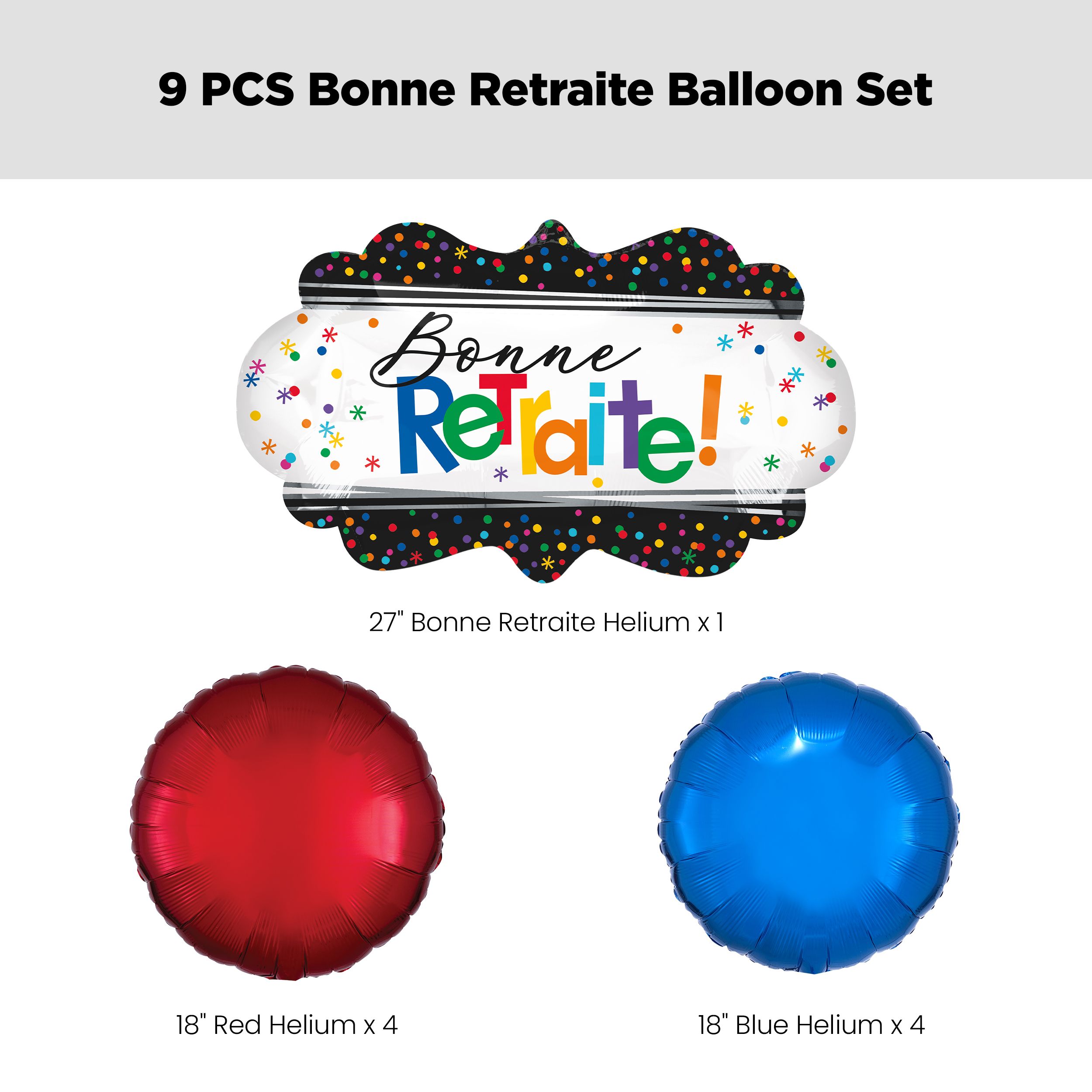 "Bonne Retraite" French Polka Dot Satin Foil Supershape Balloon Bouquet with Foil Balloons, Multi-Coloured, 9-pk, Helium Inflation & Ribbon Included for Retirement Front_Flat