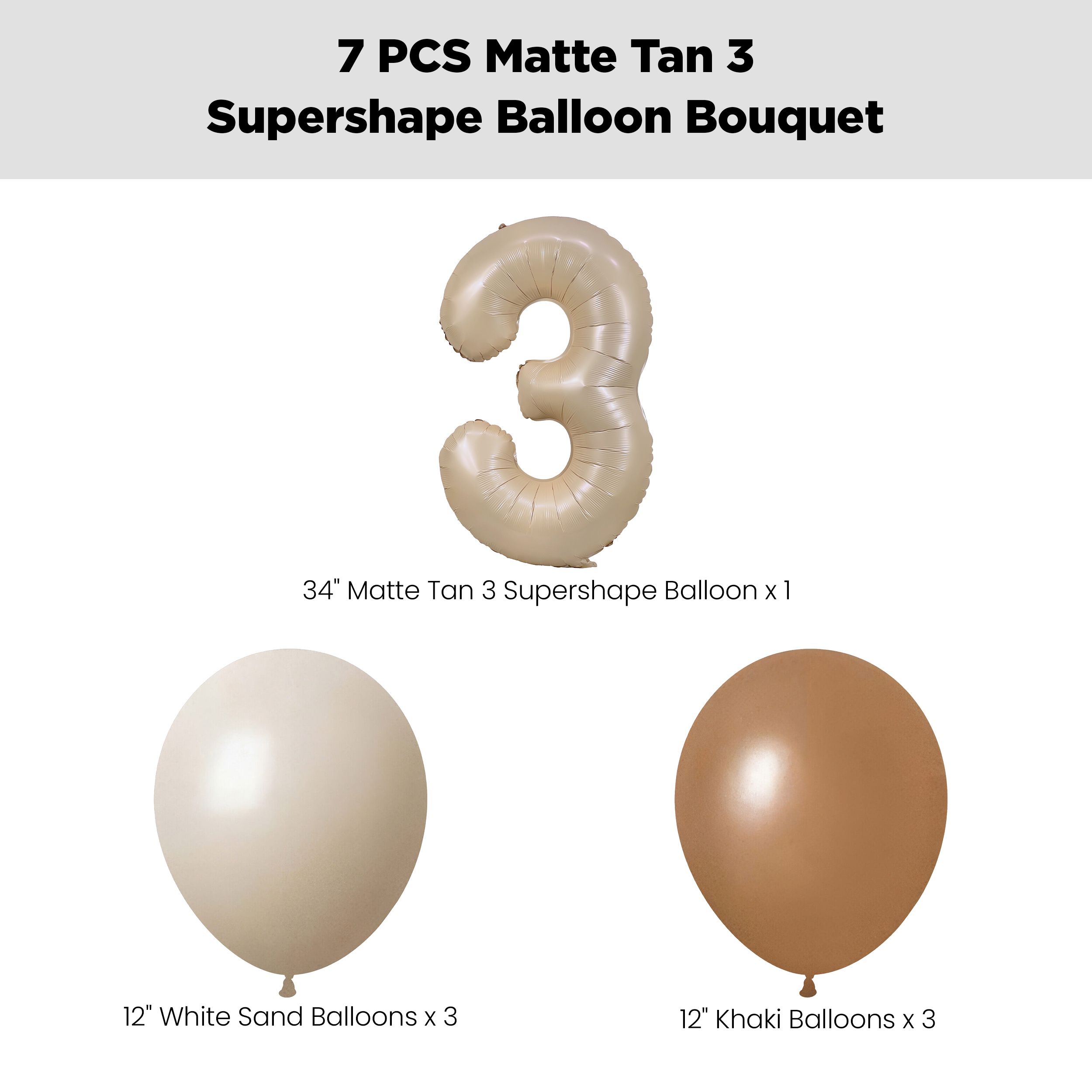 Number 3 Matte Tan Supershape Balloon Bouquet with Latex Balloons, White Sand/Khaki/Chocolate Brown, 7-pk, Helium Inflation & Ribbon Included for Birthday/Special Occasion Front_Flat