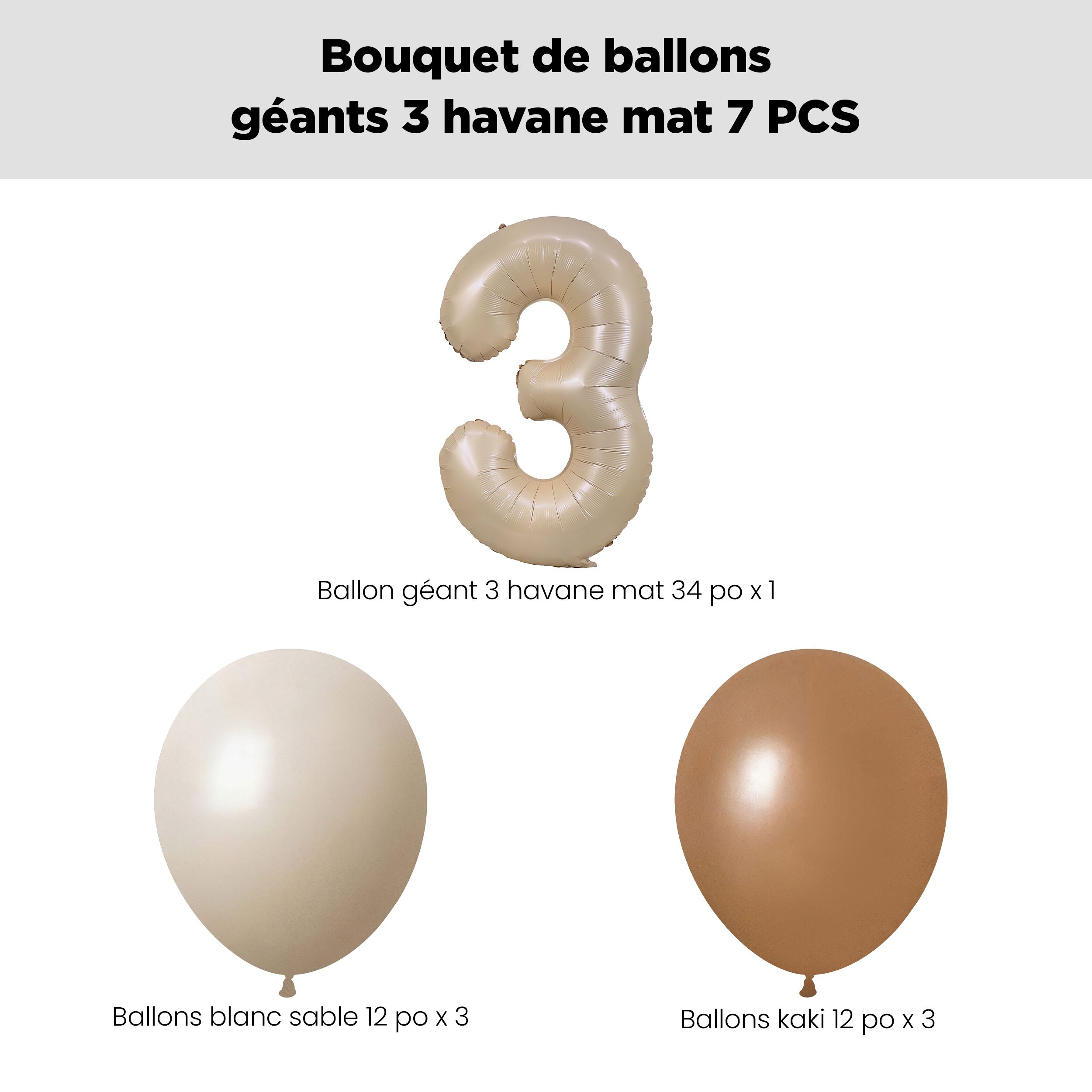 Bouquet de ballons avec ballon Supershape en forme du chiffre&nbsp;3, havane mat, et ballons en latex, sable blanc, kaki et brun chocolat, paq. 7, gonflage à l’hélium et ruban compris, pour anniversaire/occasion spéciale Front_Flat