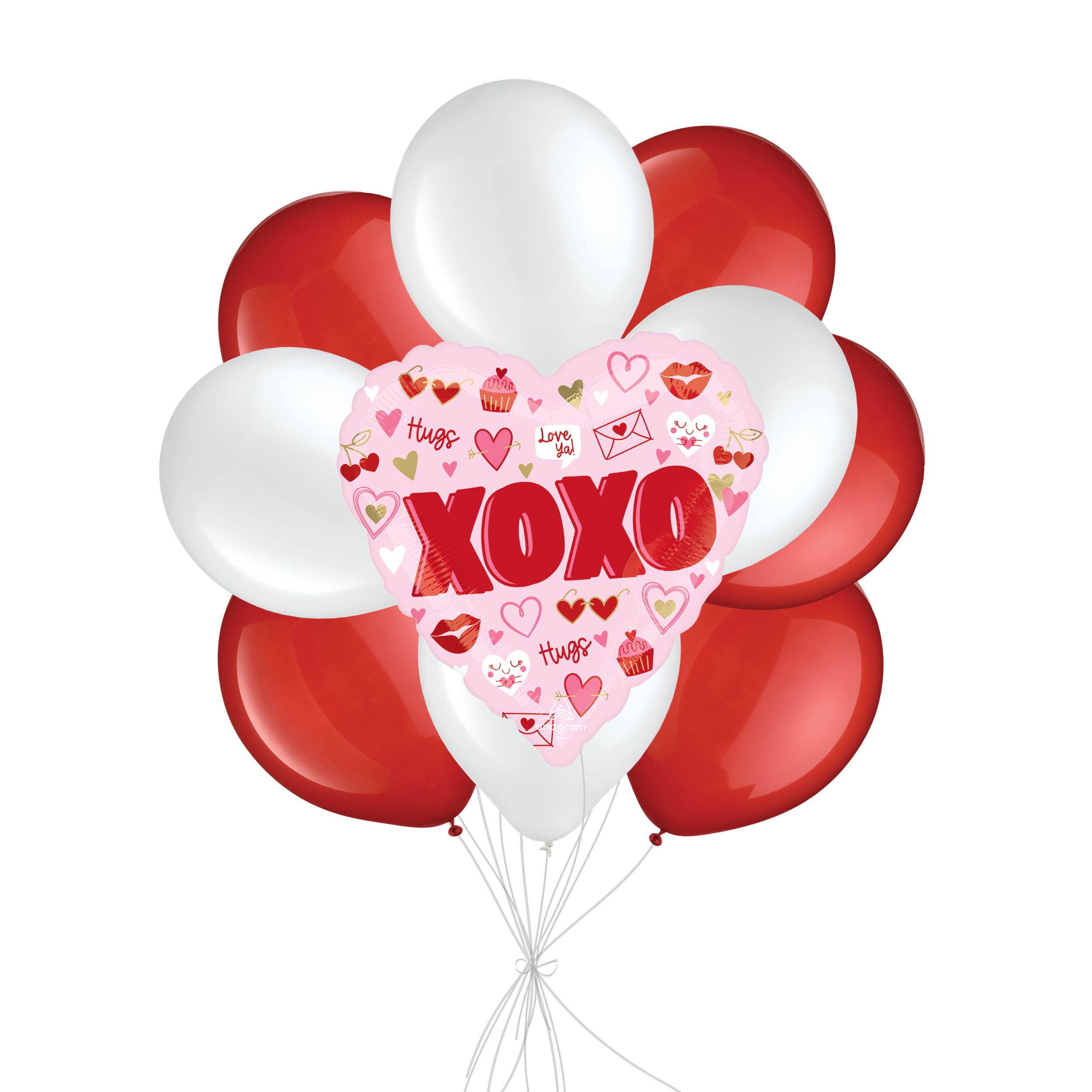 Valentine's Day "XOXO" Vibes Balloon Bouquet with Latex Balloons, Red/White, 10-pk, Helium Inflation & Ribbon Included Front_Flat