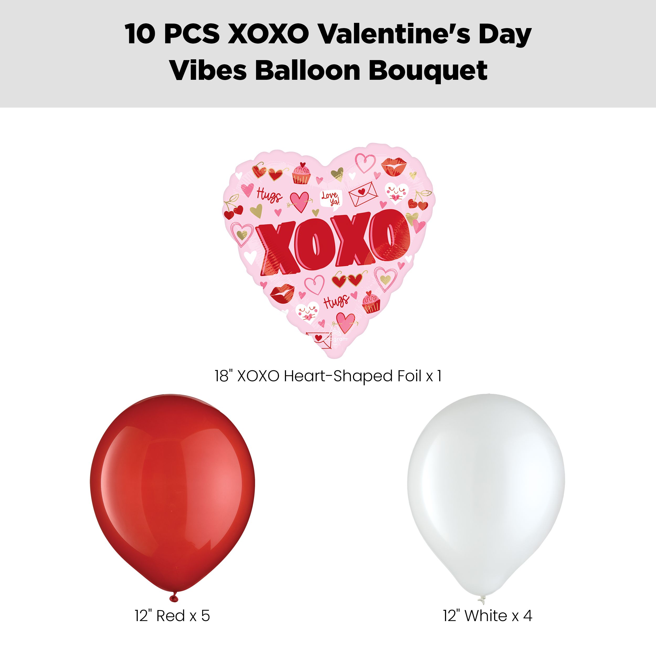 Valentine's Day "XOXO" Vibes Balloon Bouquet with Latex Balloons, Red/White, 10-pk, Helium Inflation & Ribbon Included Front_Flat