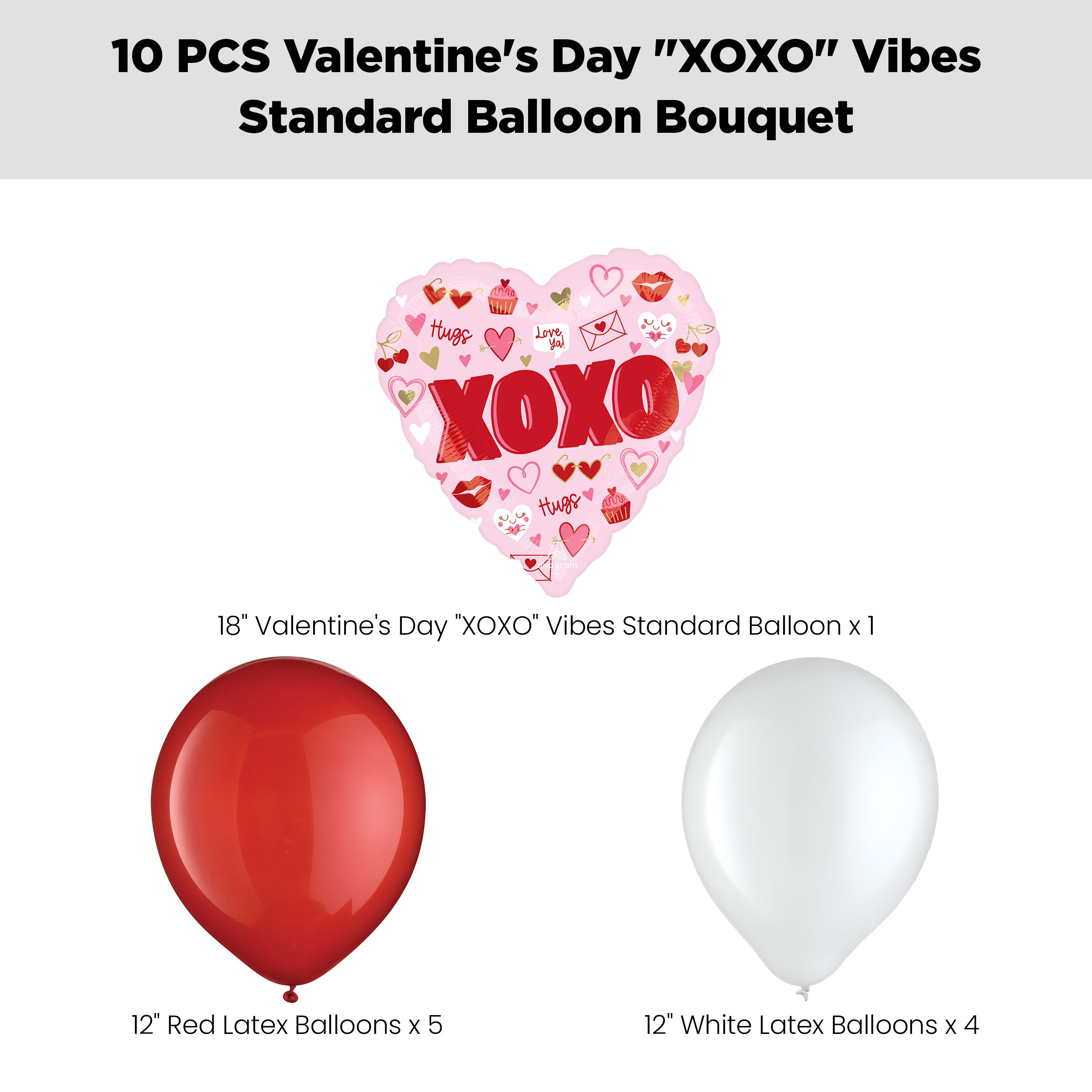 Bouquet de ballons XOXO pour la Saint-Valentin avec ballons en latex, rouge/blanc, paq. 10, gonflage à l'hélium et ruban inclus Front_Flat