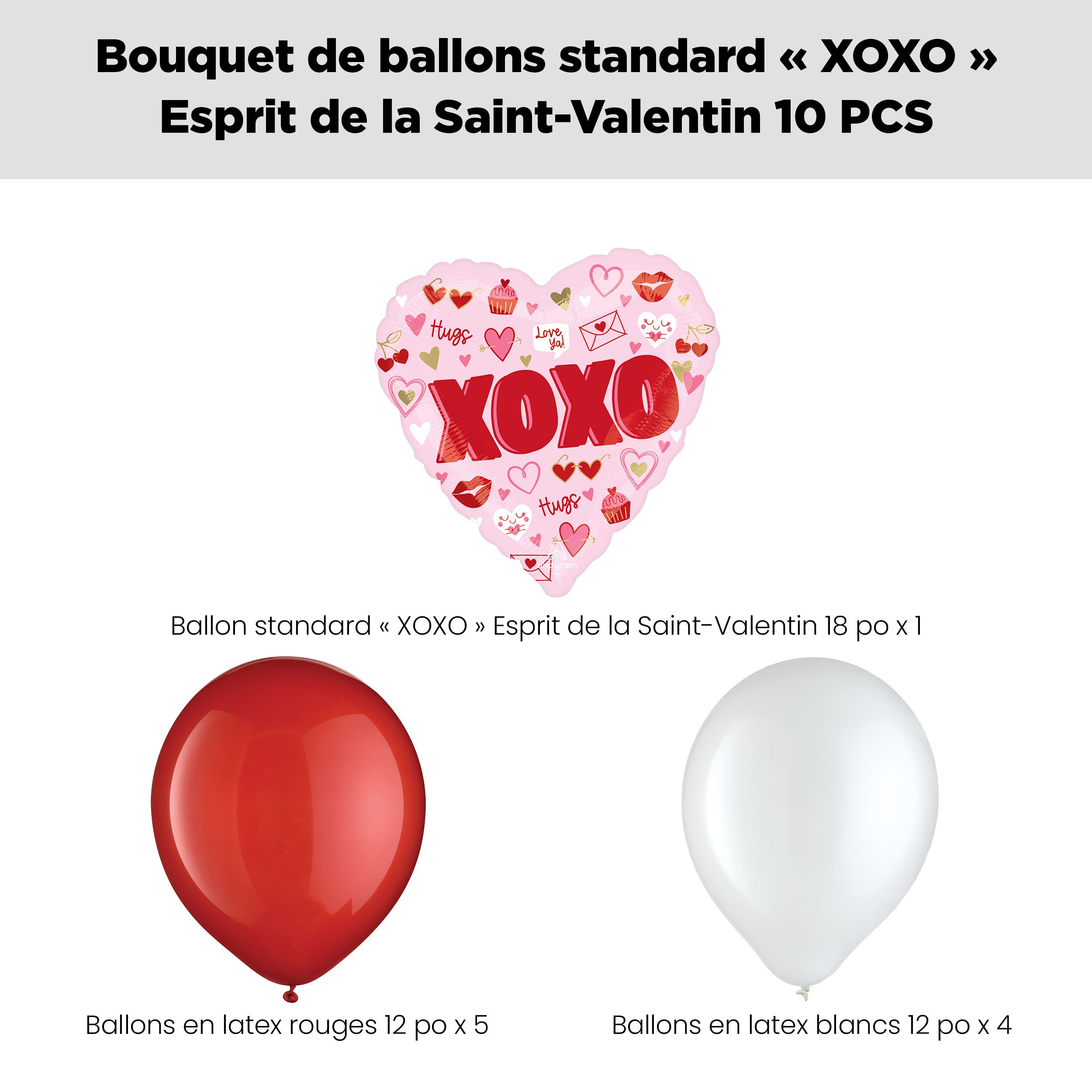 Bouquet de ballons XOXO pour la Saint-Valentin avec ballons en latex, rouge/blanc, paq. 10, gonflage à l'hélium et ruban inclus Front_Flat