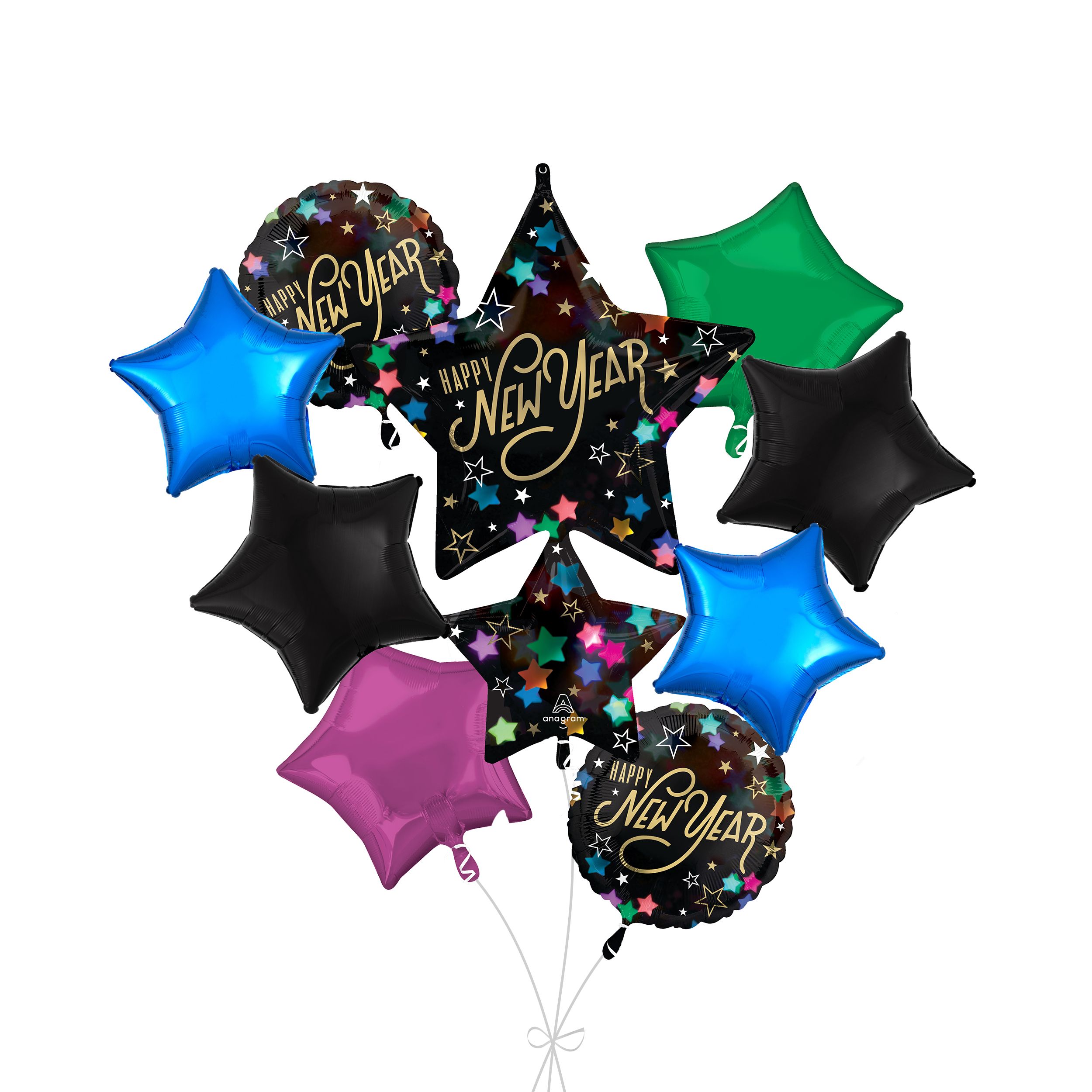 Bouquet de ballons géants métalliques satinés étoiles/ronds Happy New Year avec ballons métalliques étoilés, noir/rose/vert/bleu, paq. 9, gonflage à l’hélium et ruban inclus Front_Flat